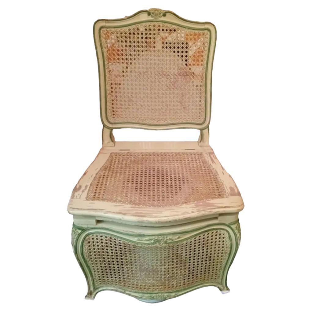 Rare Antique French Chaise Percee Louis XV Yellow Green Cane Wood Commode Chair For Sale