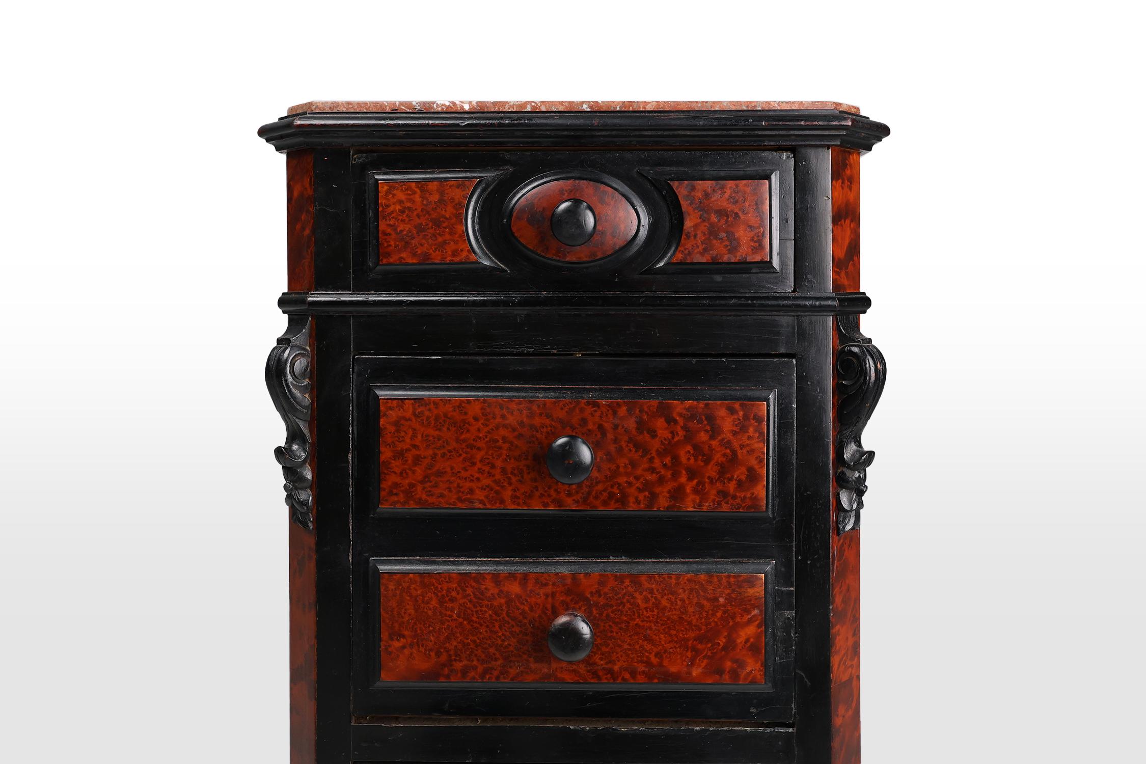 Baroque Rare Antique French chest of drawers in wood, burl veneer and marble, ca. 1850 For Sale