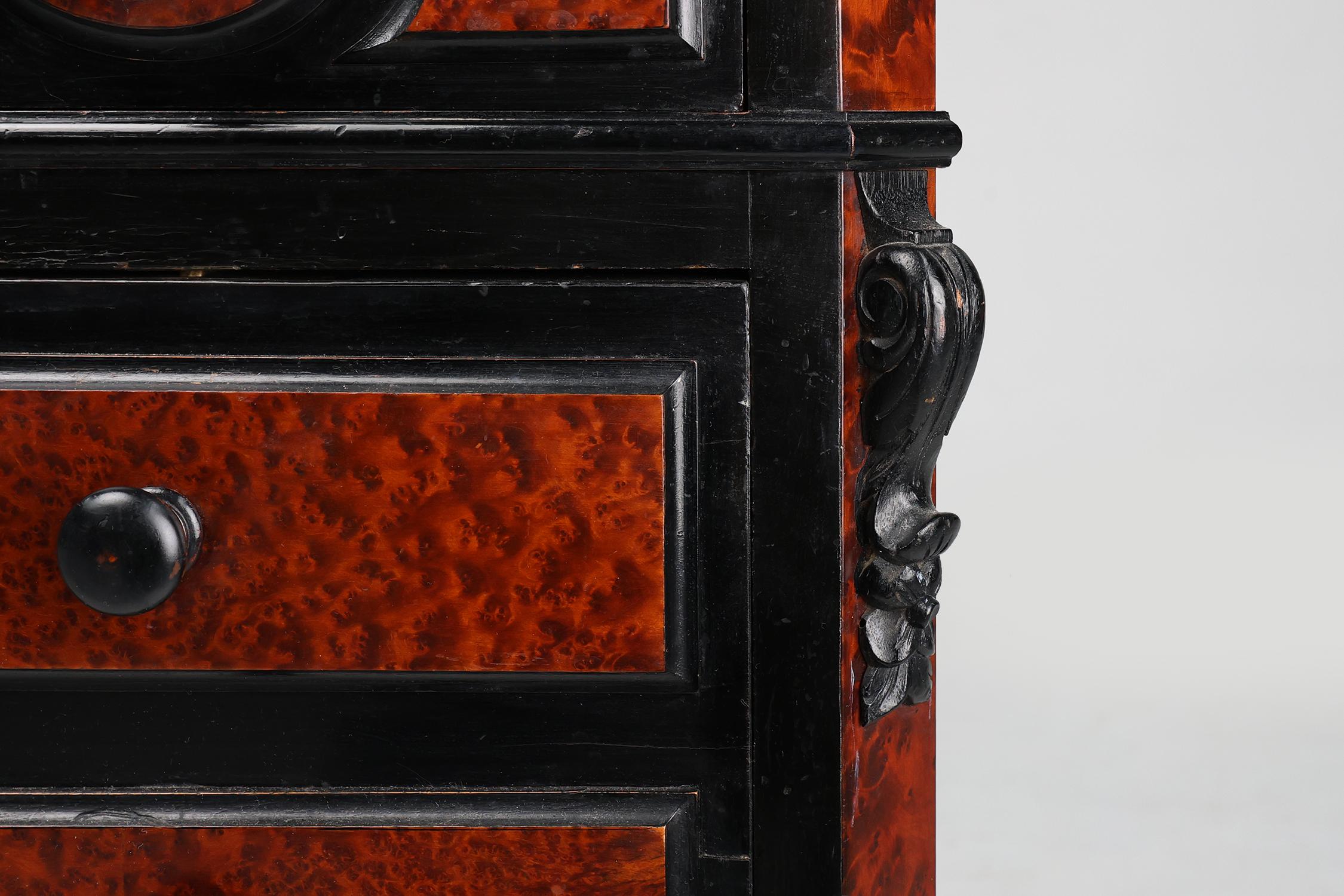 Rare Antique French chest of drawers in wood, burl veneer and marble, ca. 1850 In Good Condition For Sale In Meulebeke, BE