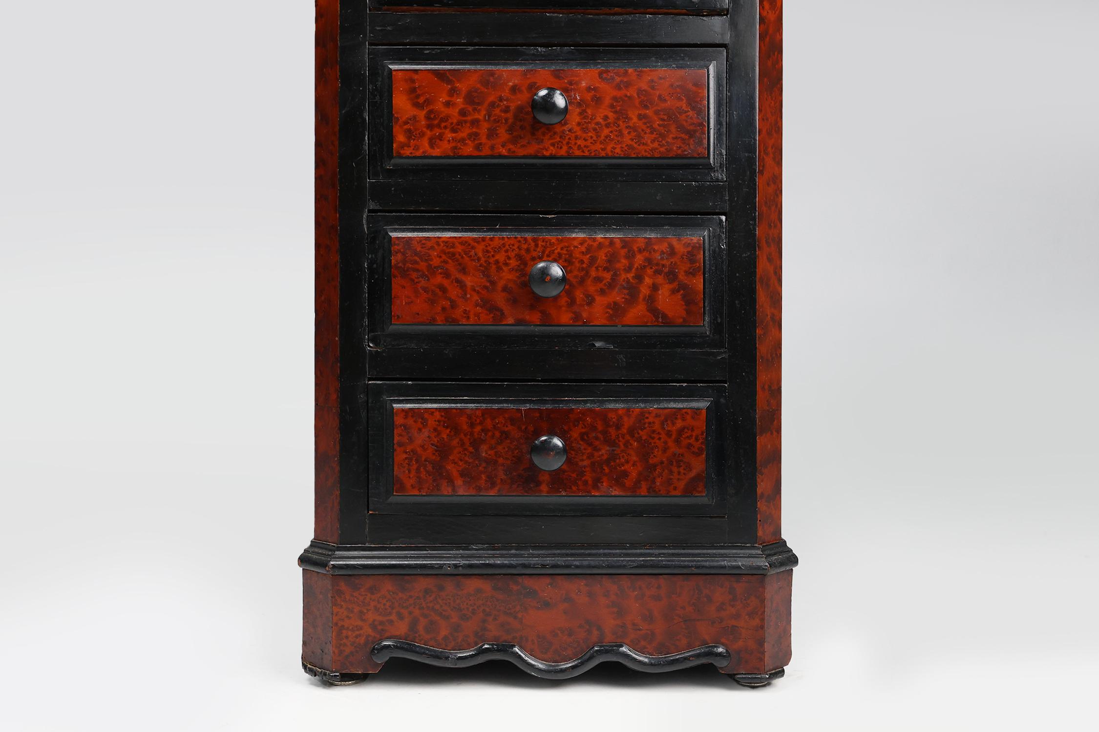 19th Century Rare Antique French chest of drawers in wood, burl veneer and marble, ca. 1850 For Sale