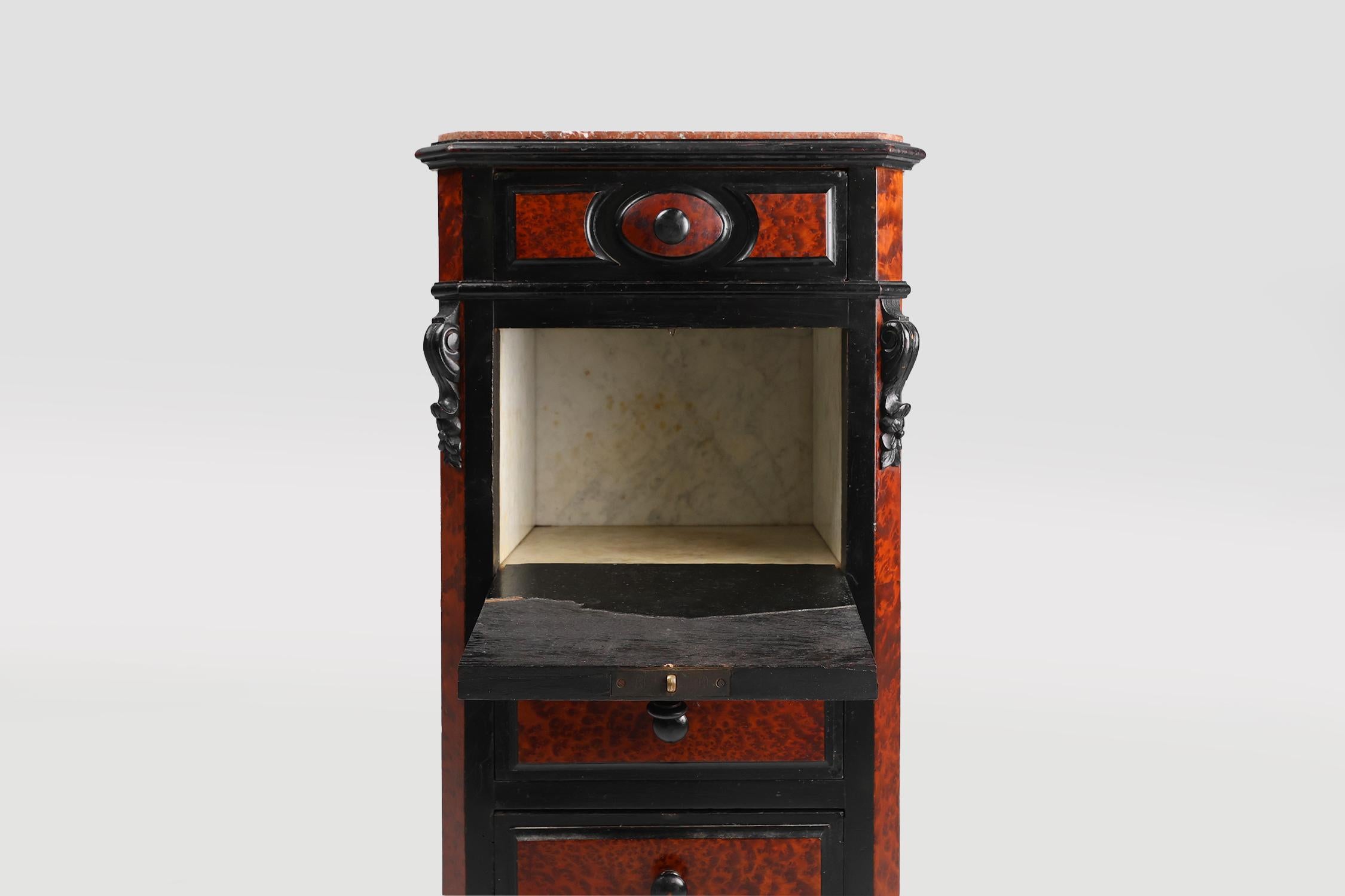 Marble Rare Antique French chest of drawers in wood, burl veneer and marble, ca. 1850 For Sale