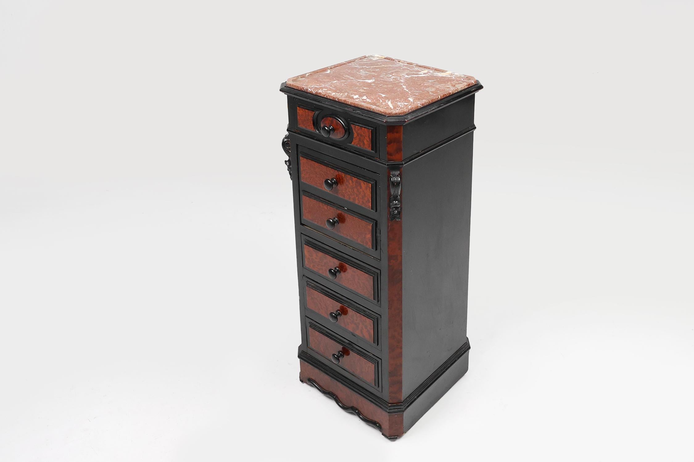 Rare Antique French chest of drawers in wood, burl veneer and marble, ca. 1850 For Sale 2