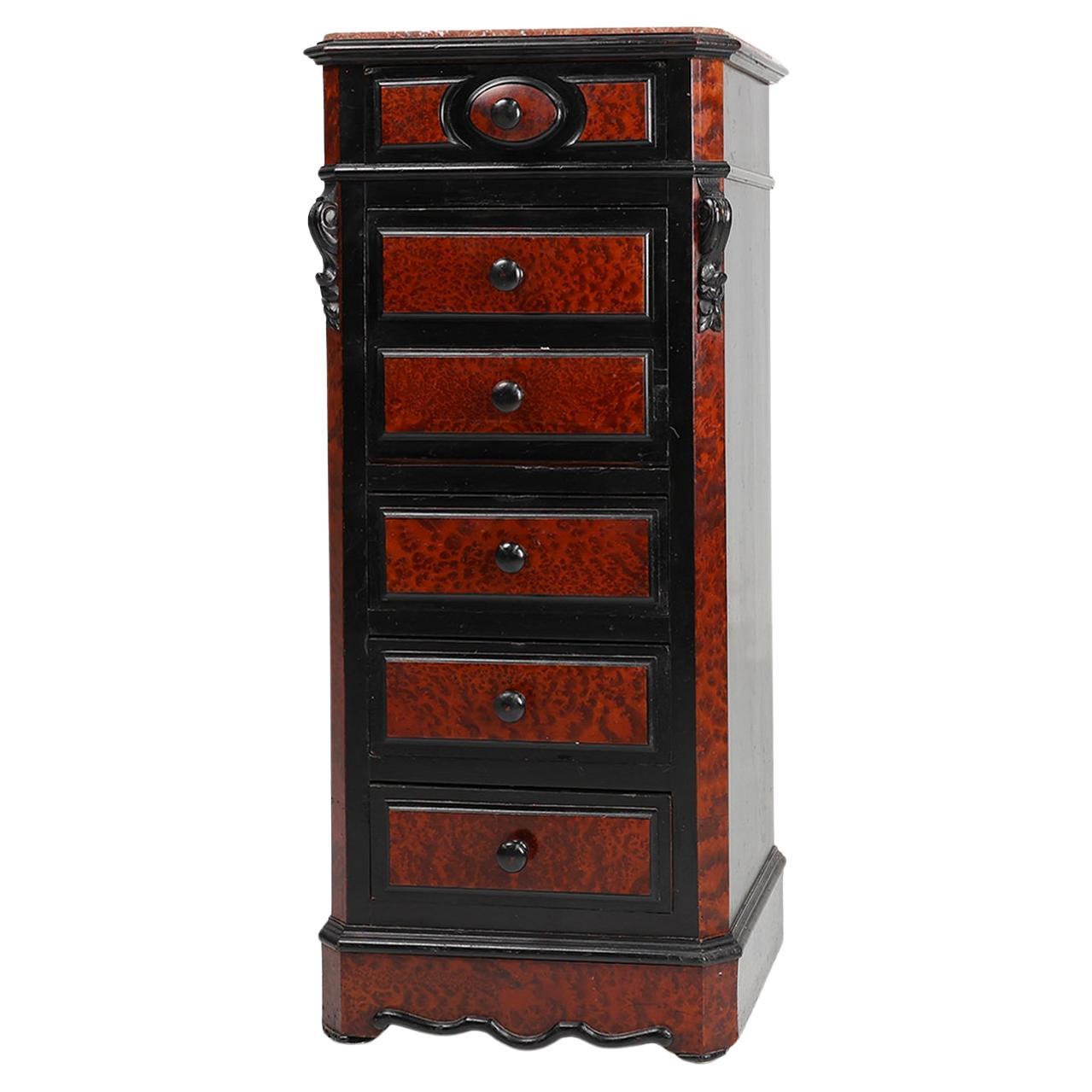 Rare Antique French chest of drawers in wood, burl veneer and marble, ca. 1850 For Sale