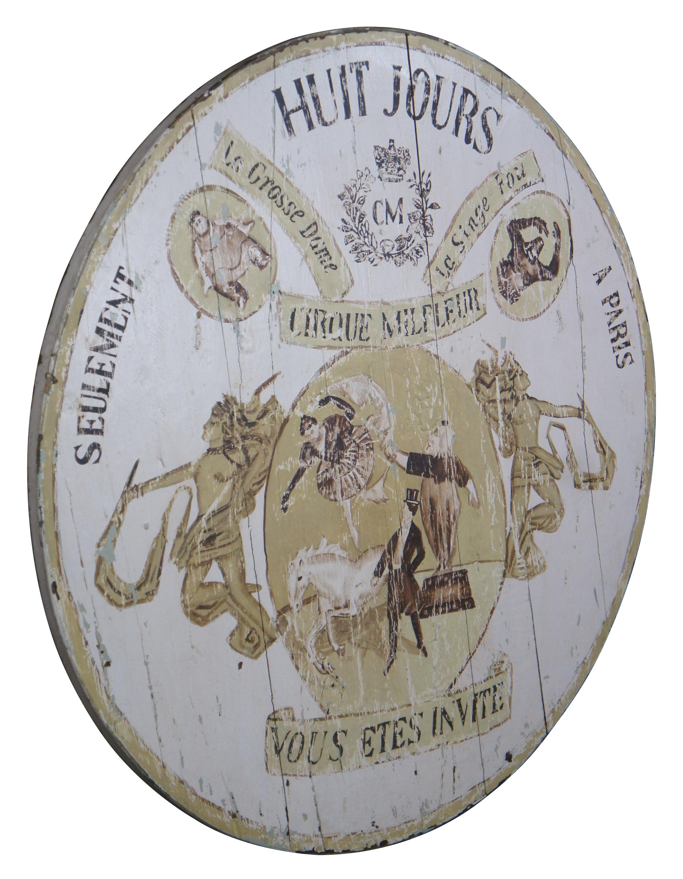 French Provincial Rare Antique French Circus Advertisement Painted Oak Medallion Sign Artwork For Sale