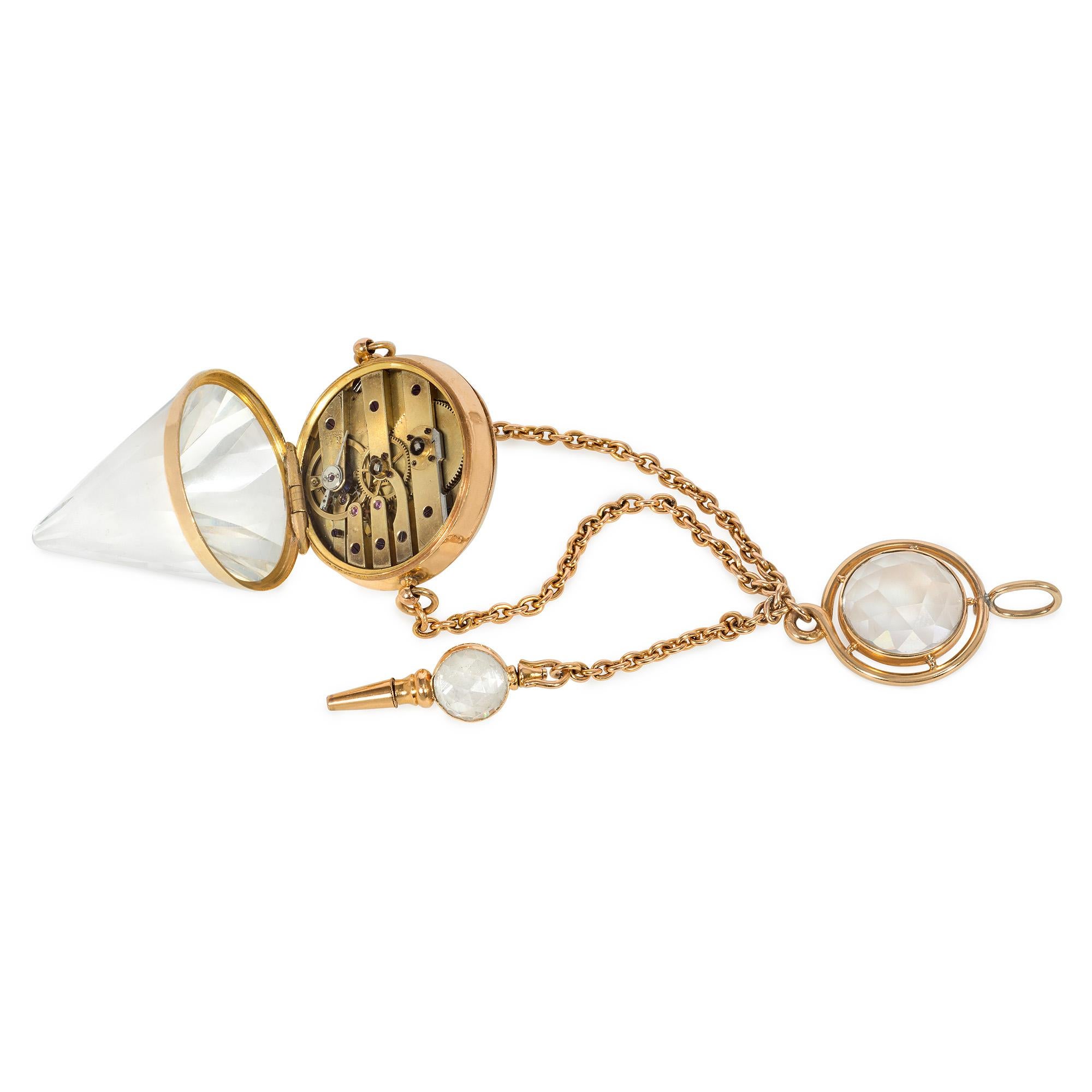 Victorian Rare Antique French Diamond-Shaped Watch Pendant in Gold and Rock Crystal For Sale