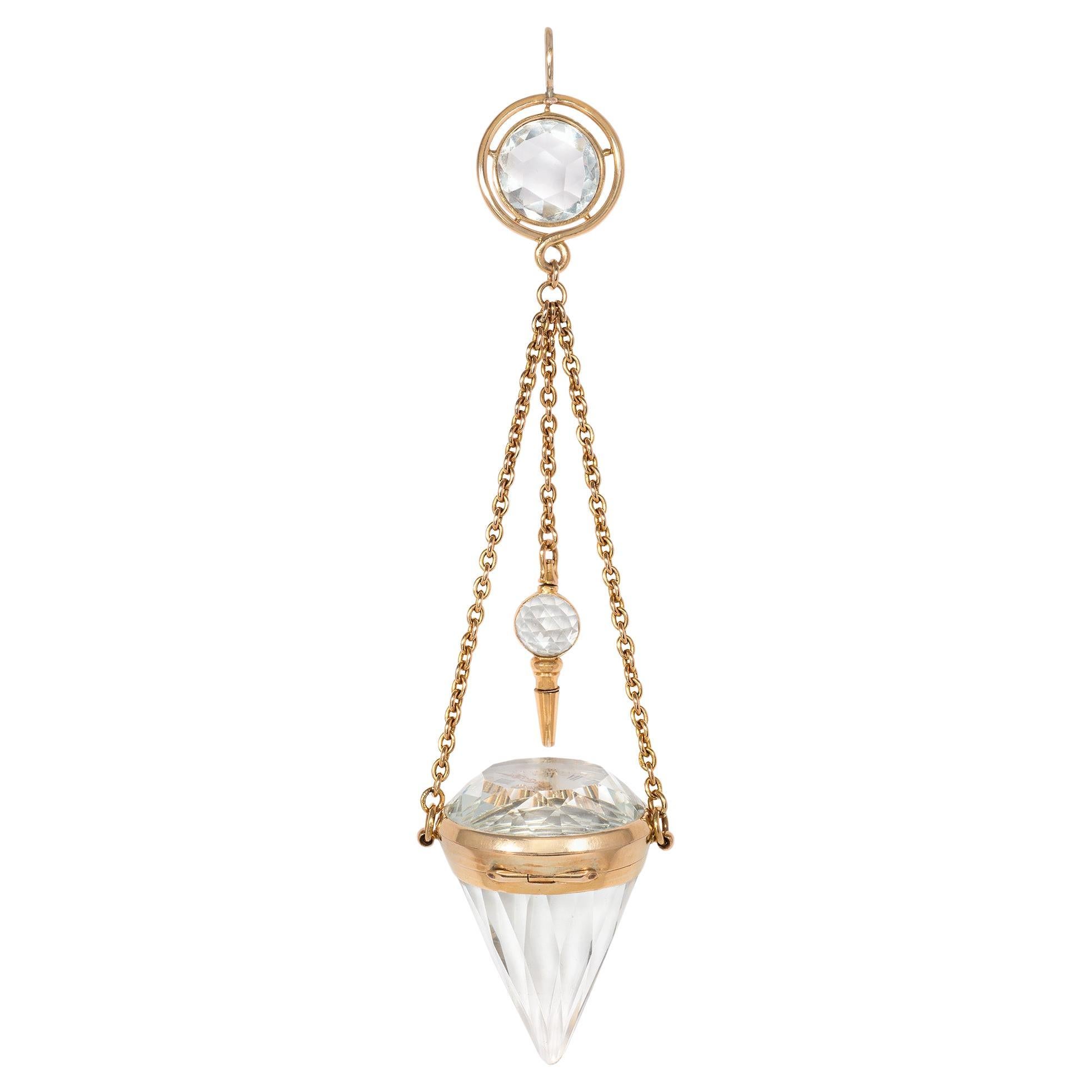 Rare Antique French Diamond-Shaped Watch Pendant in Gold and Rock Crystal