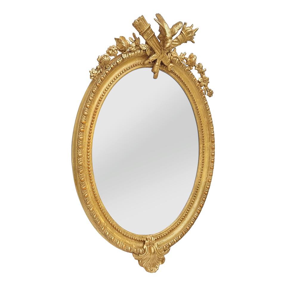 Rare antique French giltwood wedding mirror, ornament pediment with dove and flowers, arrows and torch. Re-gilding to the leaf. Antique frame width: 6.5 cm / 2.55 in. Modern glass mirror. Antique wood back.