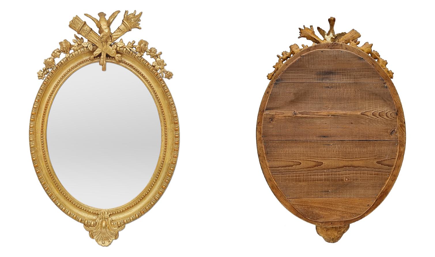 Rare Antique French Giltwood Oval Mirror With Pediment, circa 1890 For Sale 1