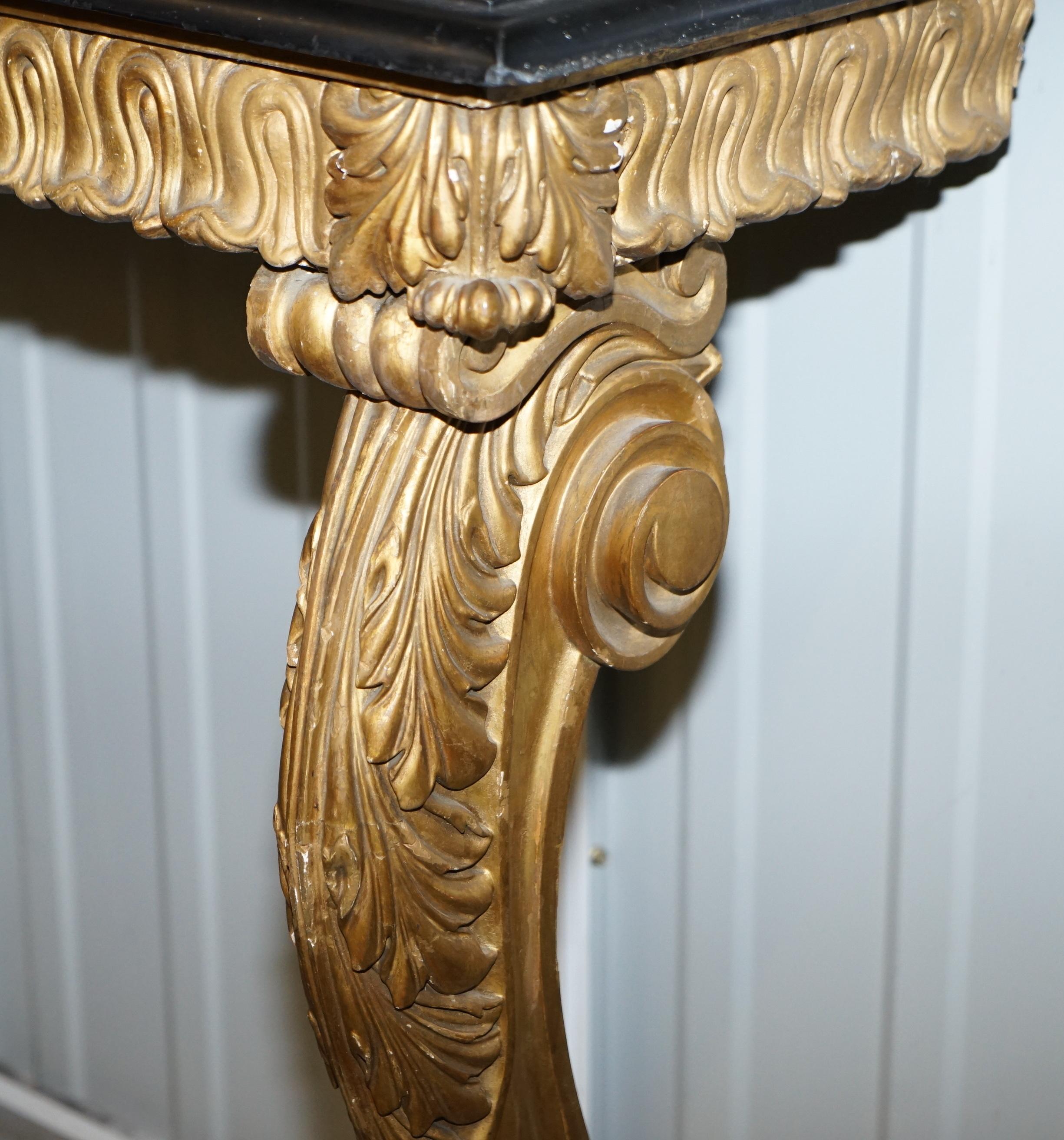 Rare Antique French Hand Carved Giltwood & Marble Console Table circa 1860 Paris For Sale 11