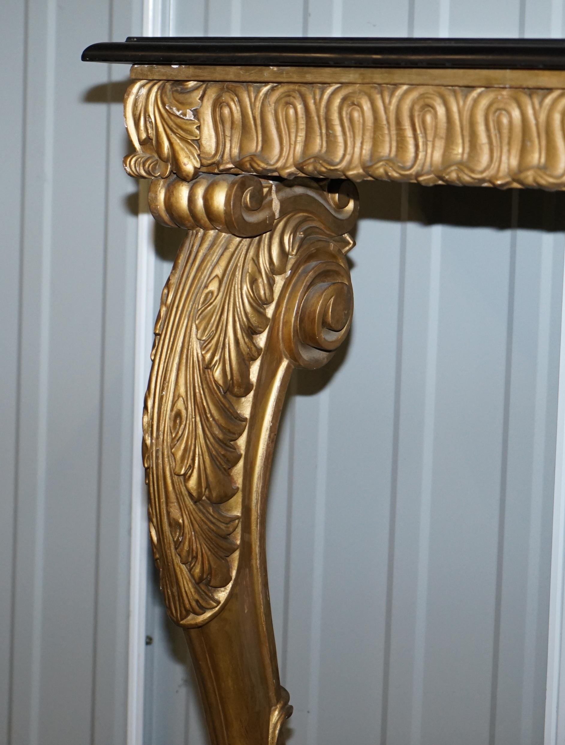 Hand-Crafted Rare Antique French Hand Carved Giltwood & Marble Console Table circa 1860 Paris For Sale