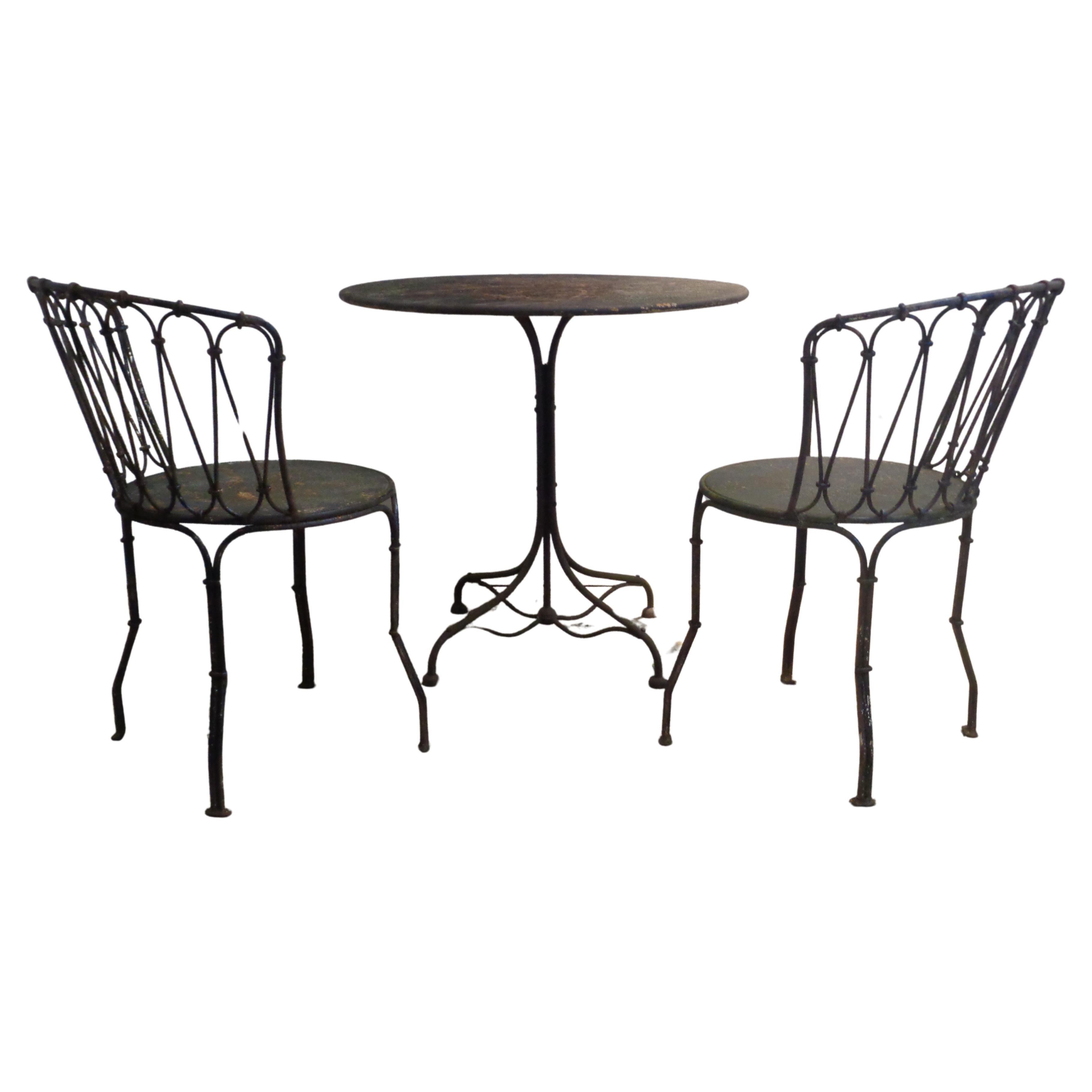 Rare Antique French Iron and Steel Bistro Set - Table & Two Chairs 7