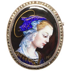 Rare Antique French Limoges Silver, Enamel and Marcasite Brooch