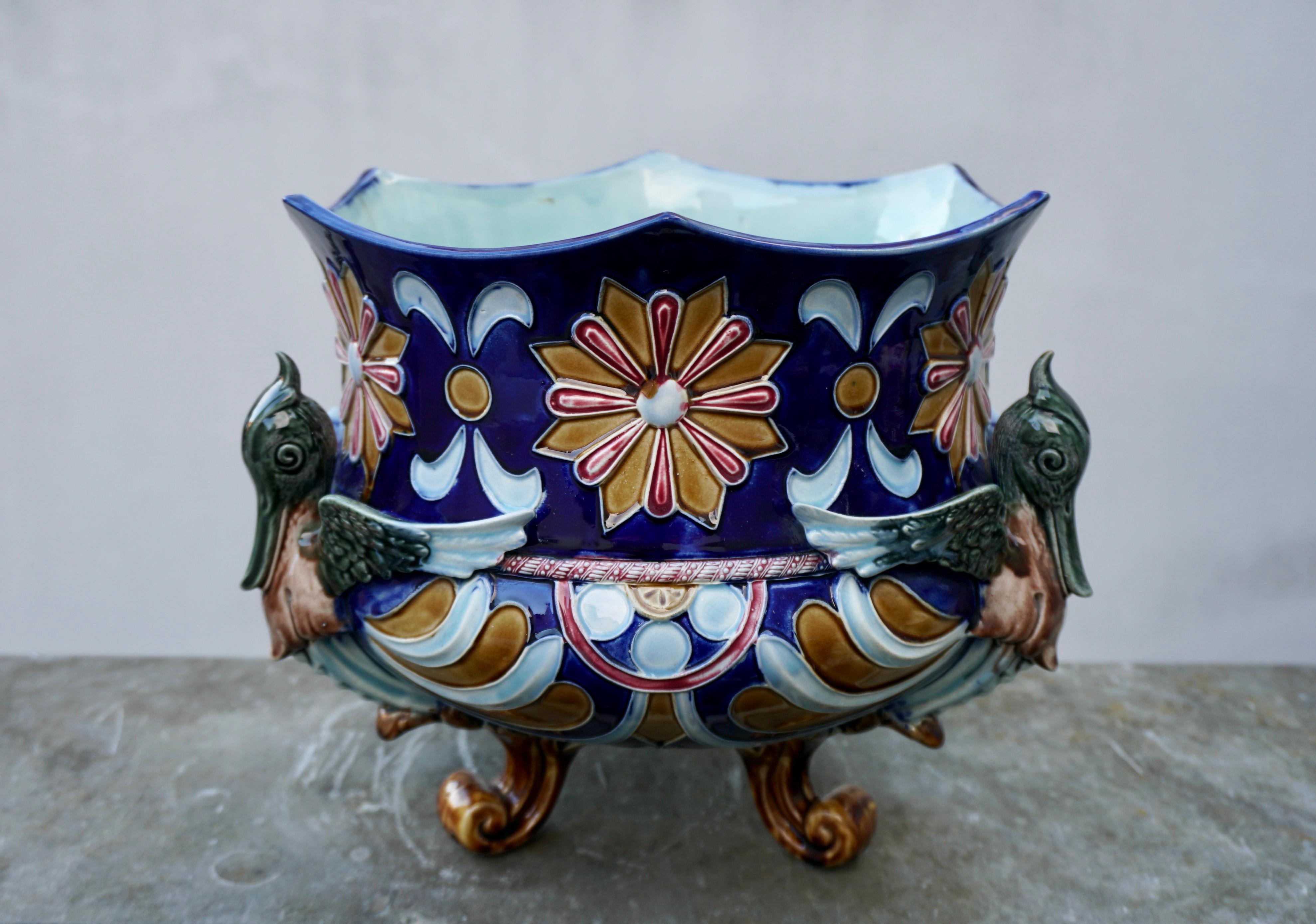 Mid-Century Modern Rare Antique French Majolica Planter Jardiniere with Winged Griffins and Flowers For Sale