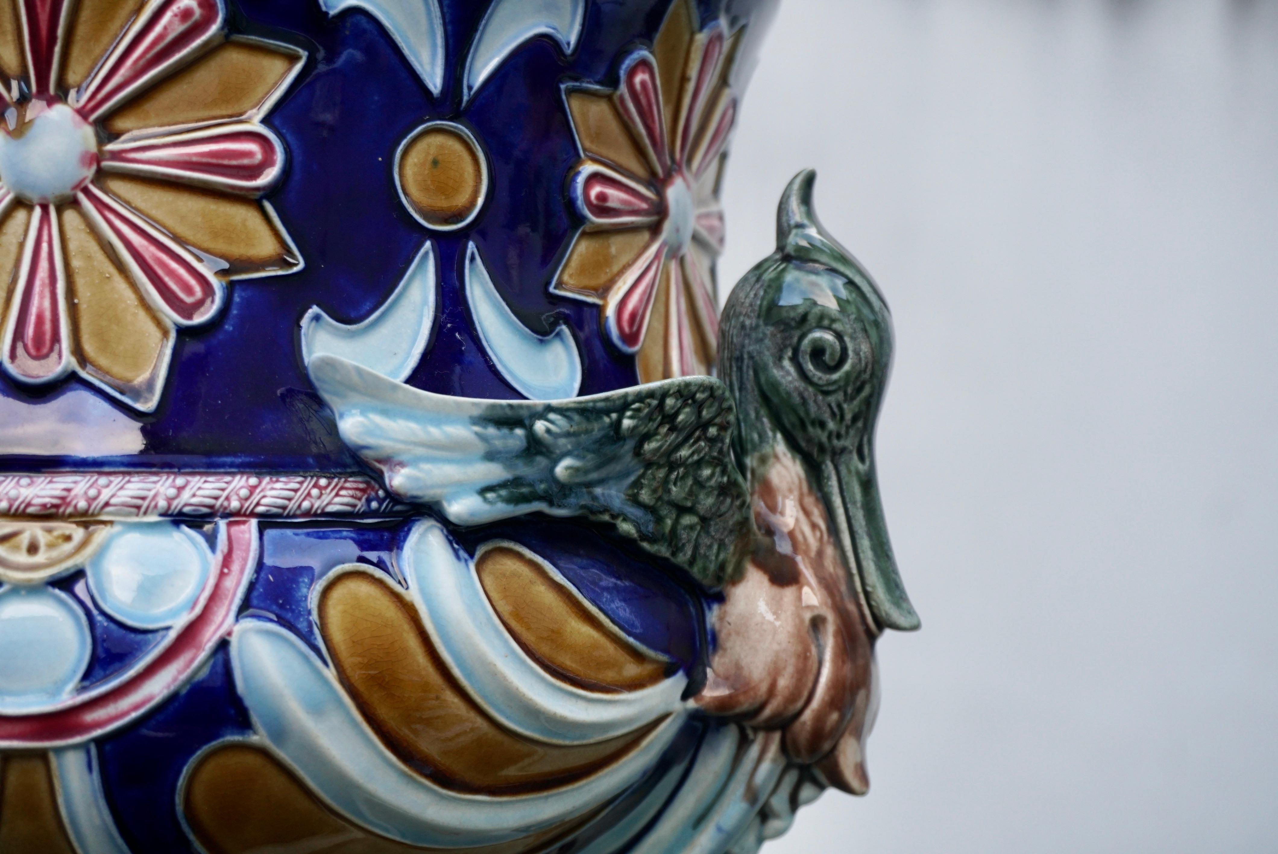 Rare Antique French Majolica Planter Jardiniere with Winged Griffins and Flowers For Sale 2