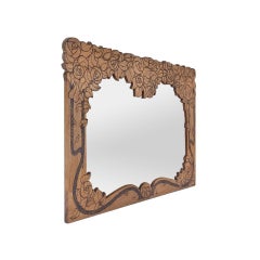 Seltener Antique French Oak Wood Mirror mit Pyrographed Floral Design, um 1920