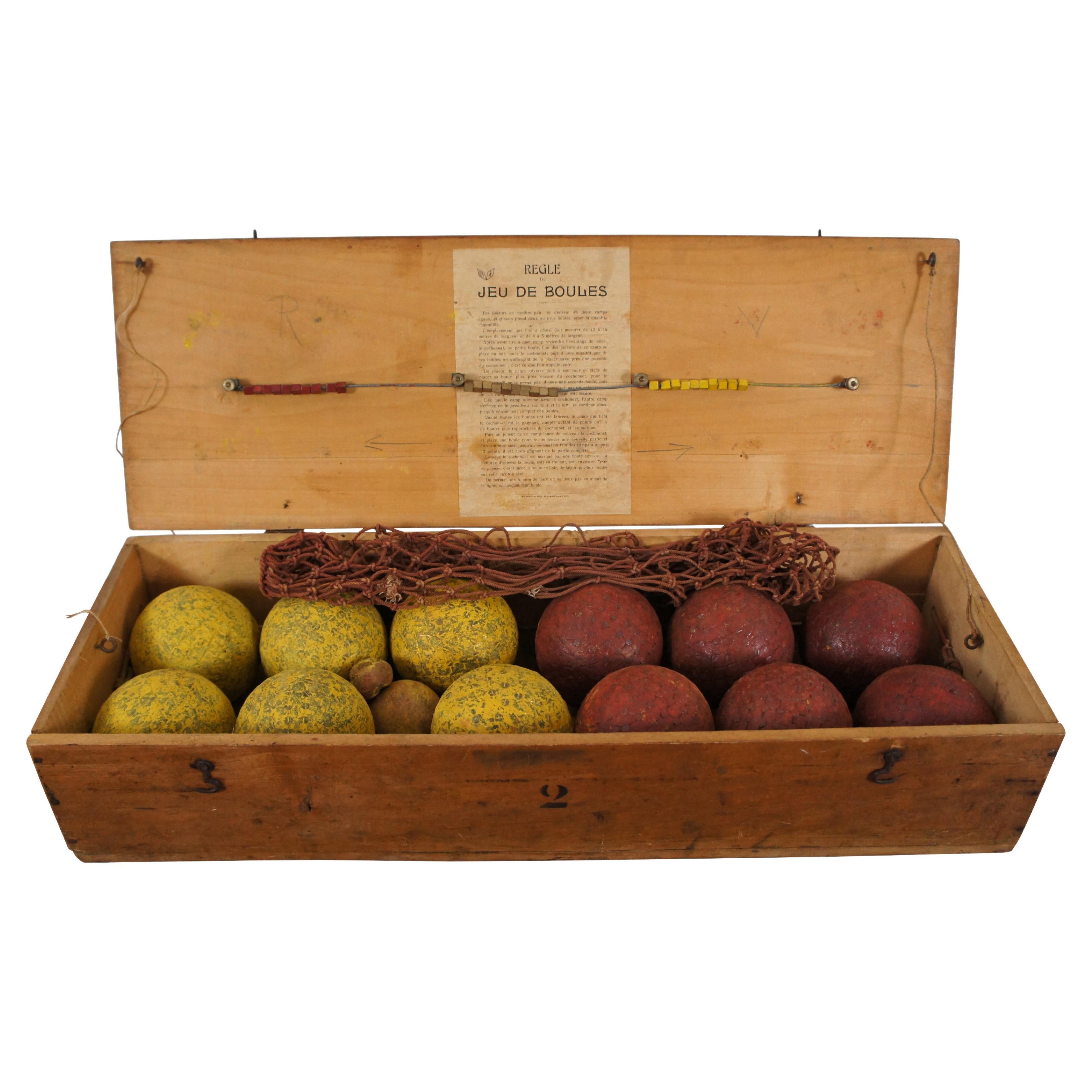 Rare Antique French Petanque Jeu de Boules Lawn Bowling Ball Game Set & Box For Sale