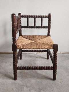 Rare Antique French Provincial Carved Oak Bobbin Rush Corner Chair, France 1910s