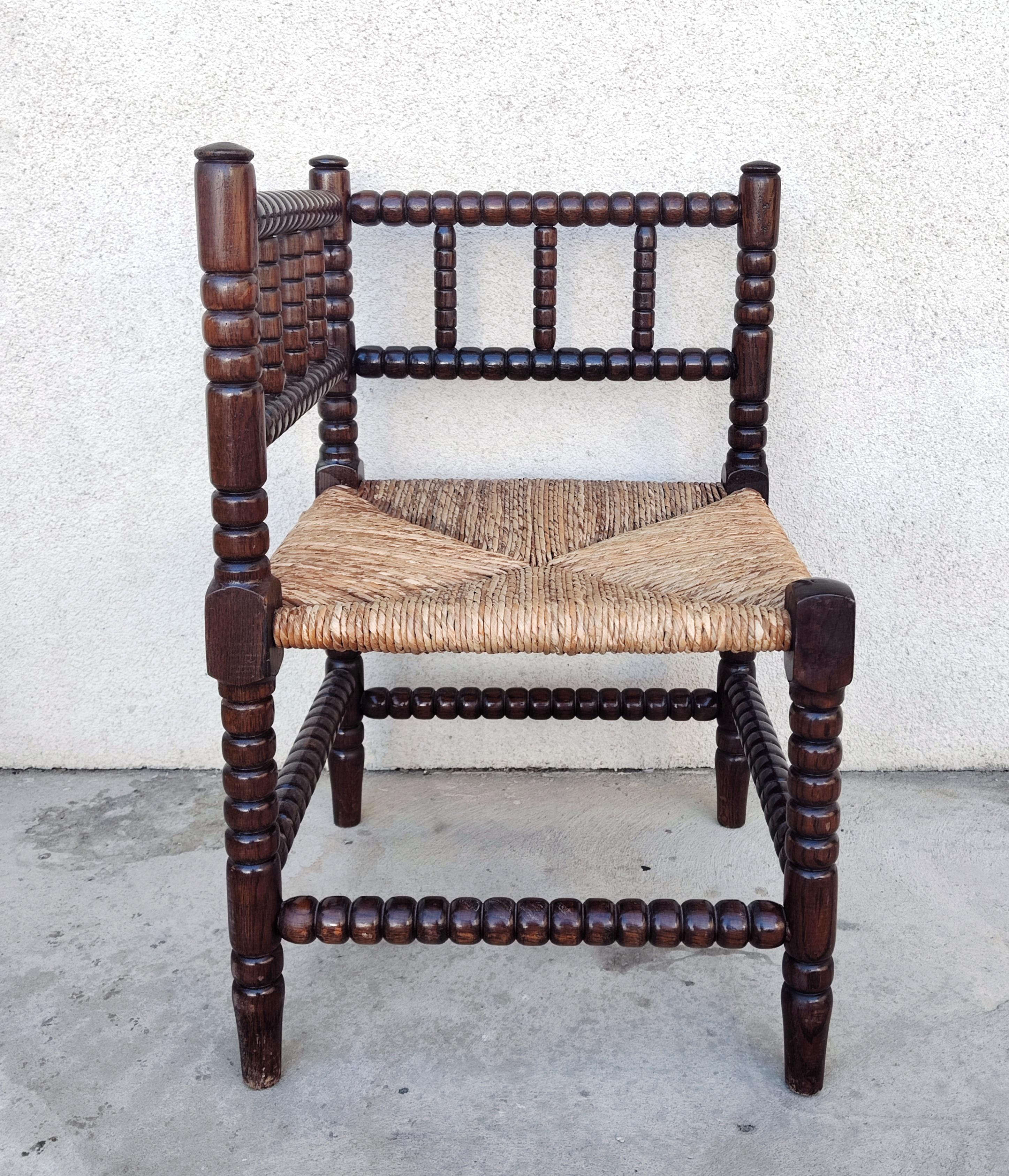 Early 20th Century Rare Antique French Provincial Carved Oak Bobbin Rush Corner Chair, France 1910s For Sale