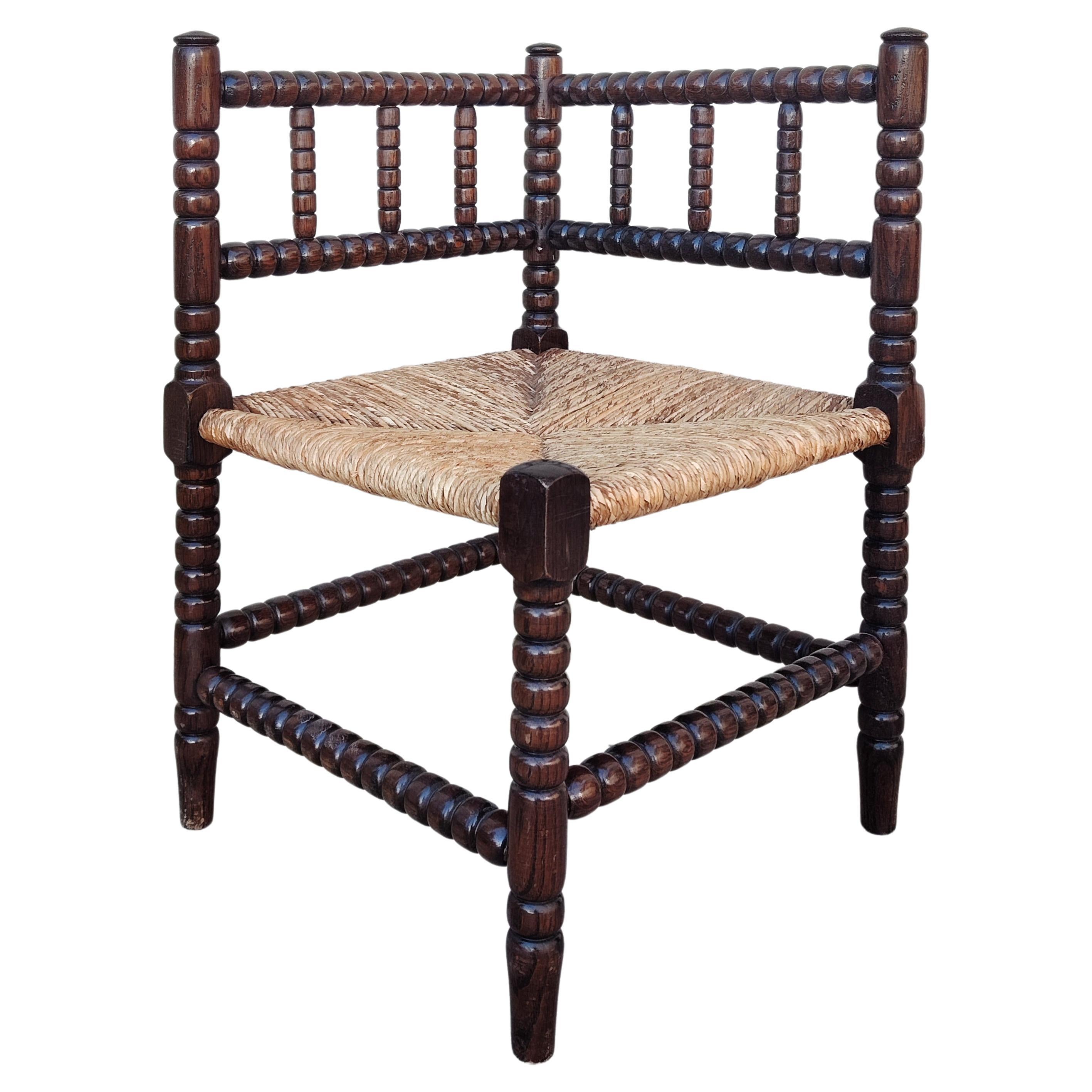 Rare Antique French Provincial Carved Oak Bobbin Rush Corner Chair, France 1910s For Sale