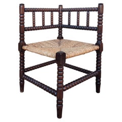 Rare Antique French Provincial Carved Oak Bobbin Rush Corner Chair, France 1910s
