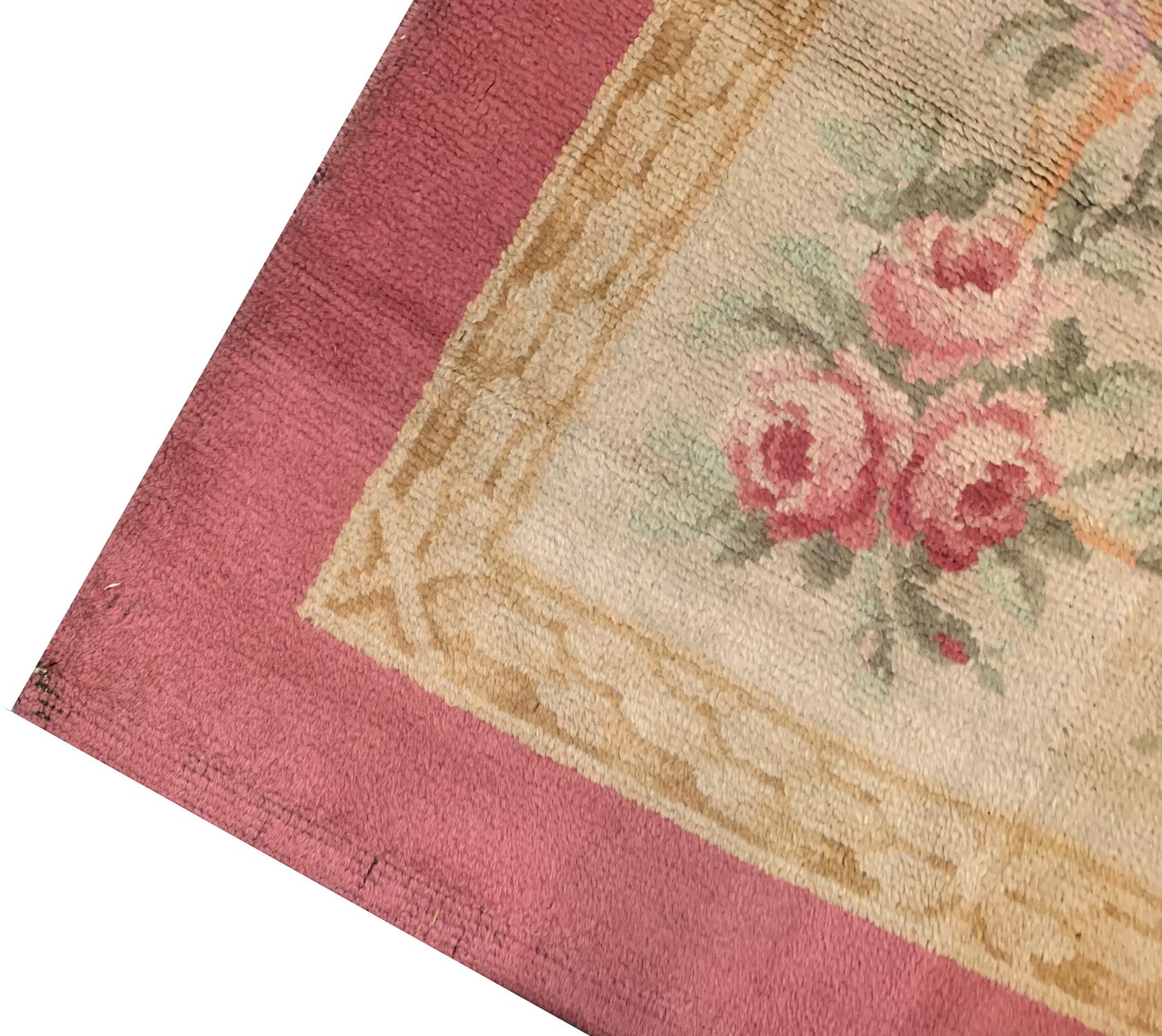 Georgian Rare Antique French Savonnerie Runner Rug Blush Pink / Beige Carpet Runner For Sale