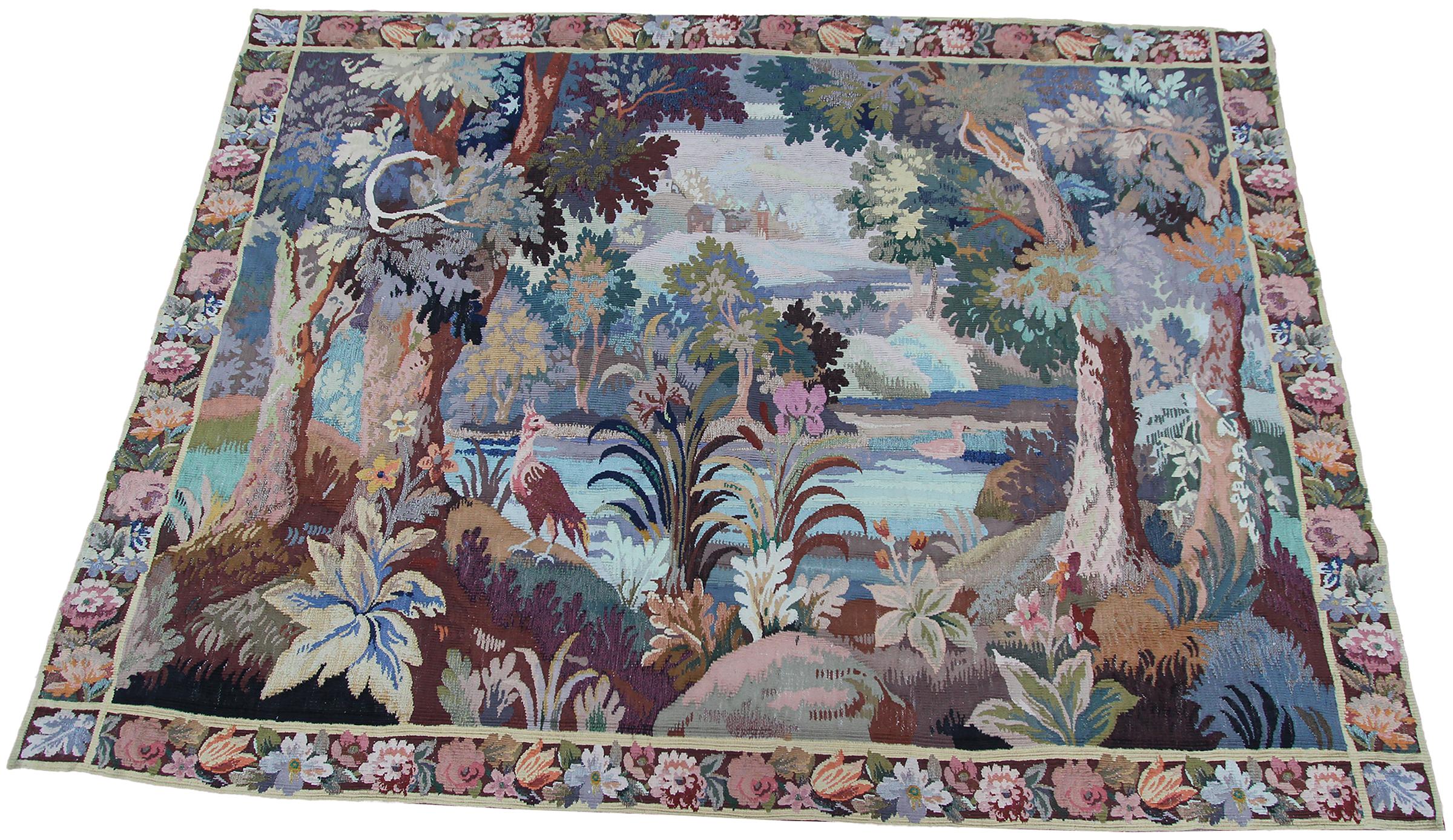 Rare Antique French Tapestry Handmade Tapestry Flowers Verdure 6x8ft
5'6