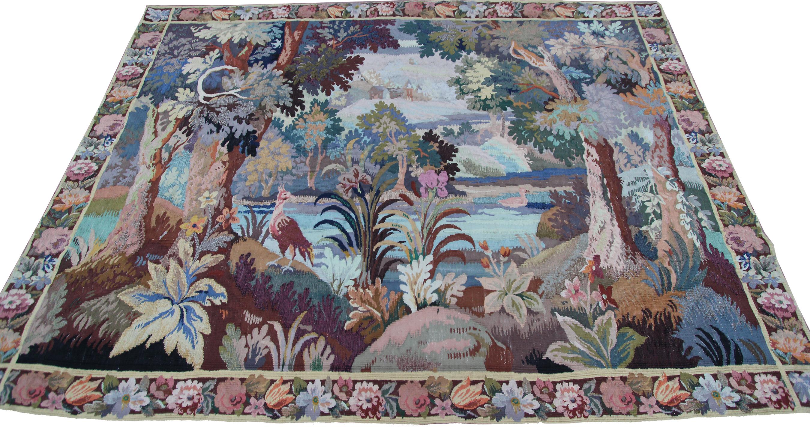 Baroque Rare tapisserie française ancienne faite à la main Fleurs Verdure 6x8 167x 234cm en vente