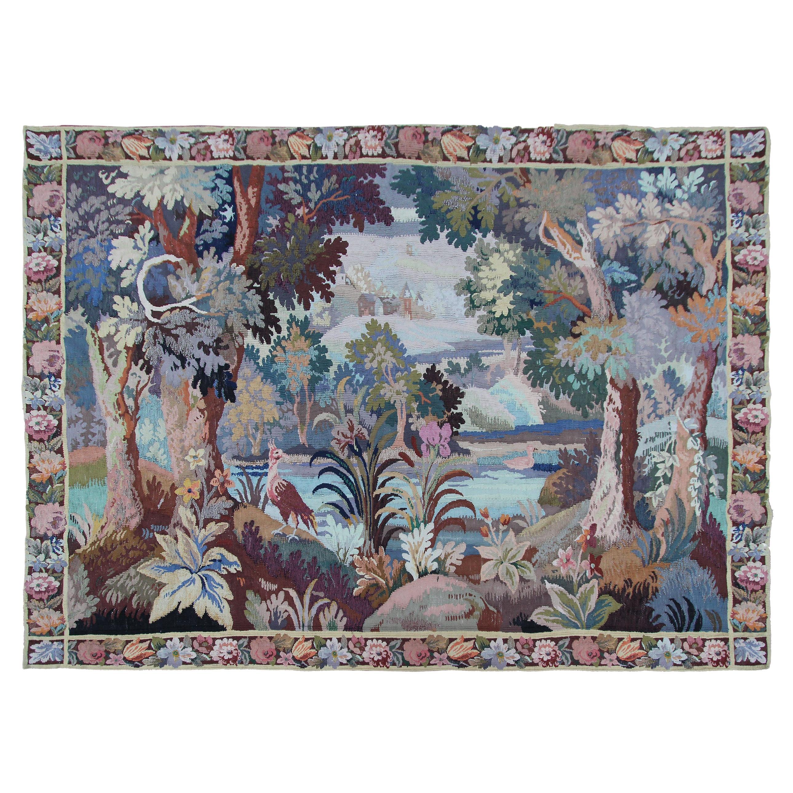 Rare Antique French Tapestry Handmade Tapestry Flowers Verdure 6x8 167x 234cm For Sale