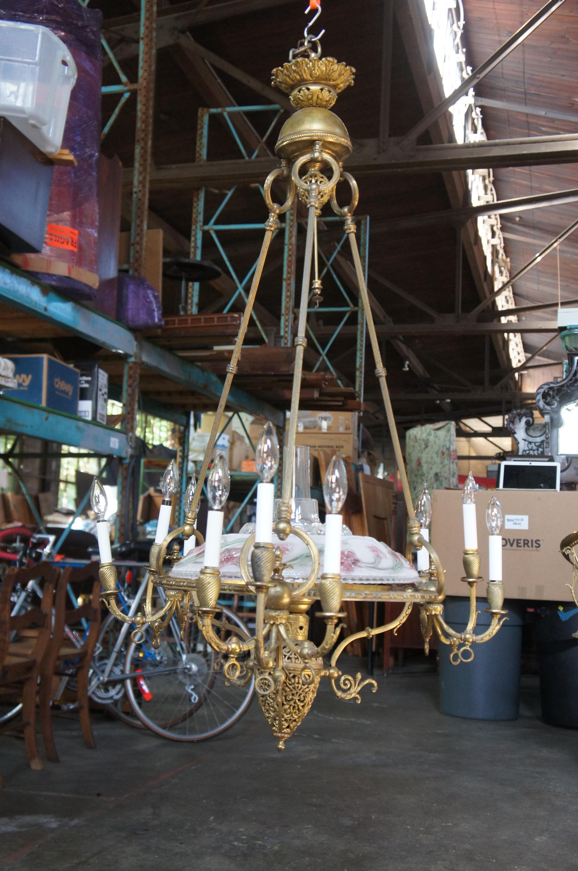 Rare Antique French Victorian Brass Filigree 10 Light Converted Gas Chandelier In Good Condition For Sale In Dayton, OH