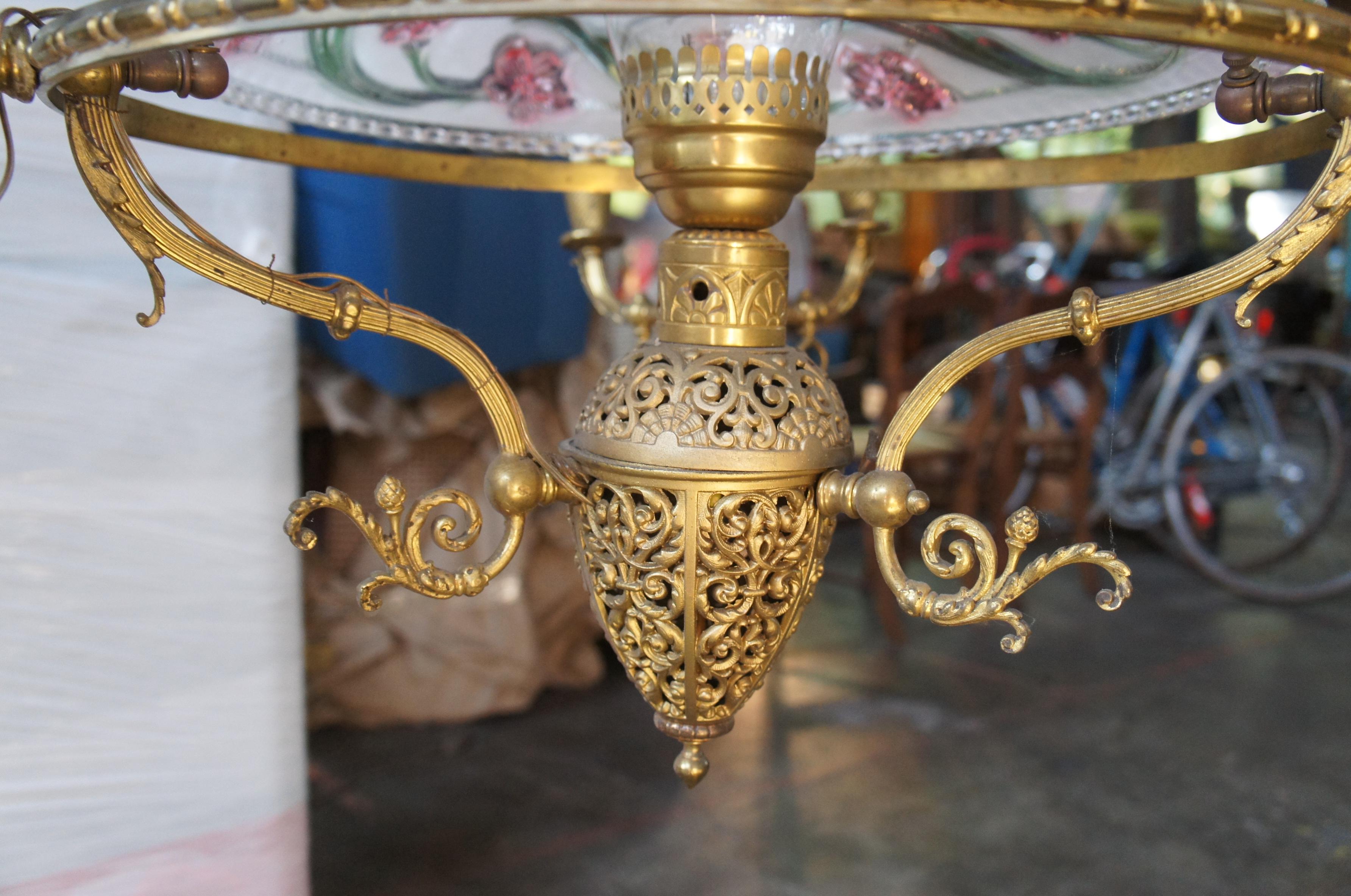 Rare Antique French Victorian Brass Filigree 10 Light Converted Gas Chandelier For Sale 2