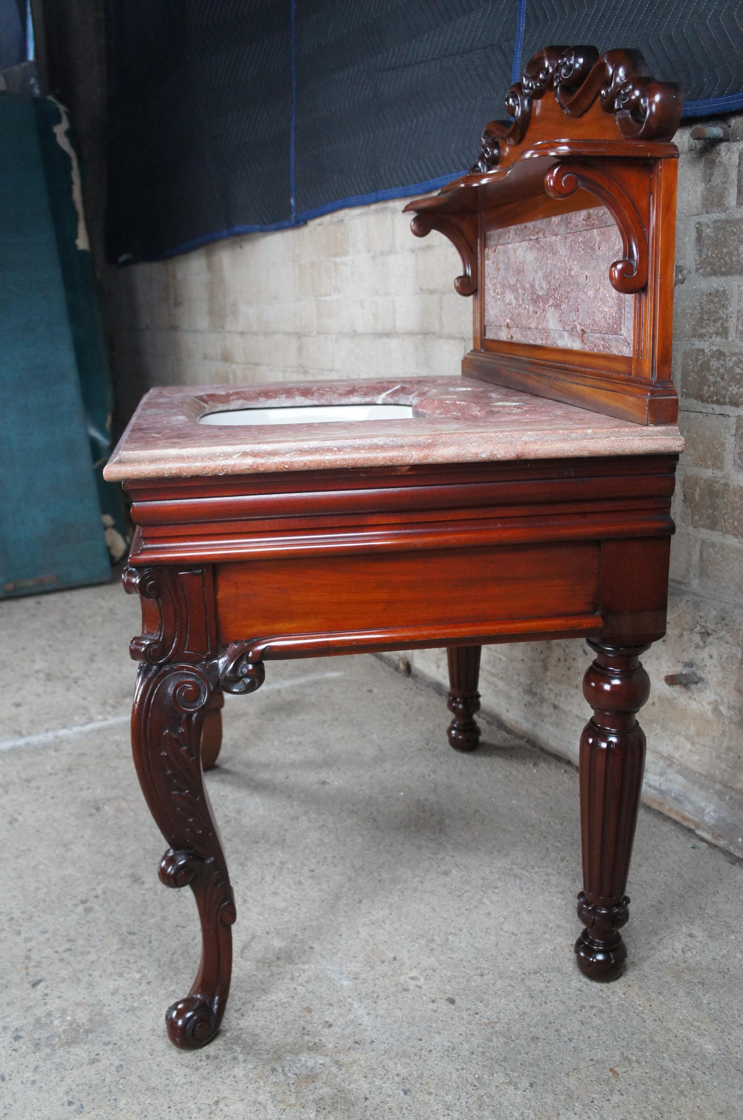 Rare Antique French Victorian Mahogany Marble Top Bathroom Vanity Porcelain Sink For Sale 6
