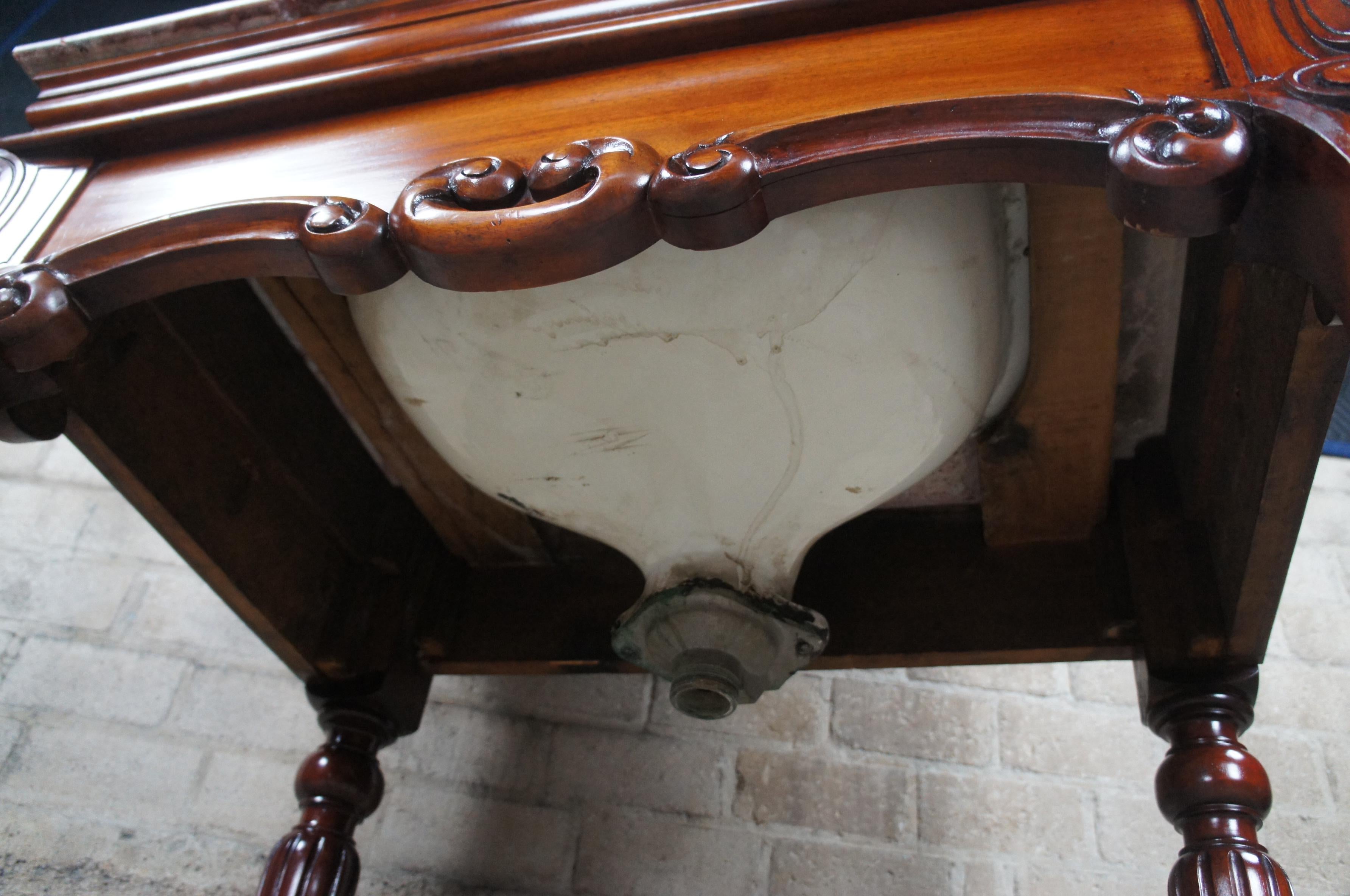 Rare Antique French Victorian Mahogany Marble Top Bathroom Vanity Porcelain Sink For Sale 7