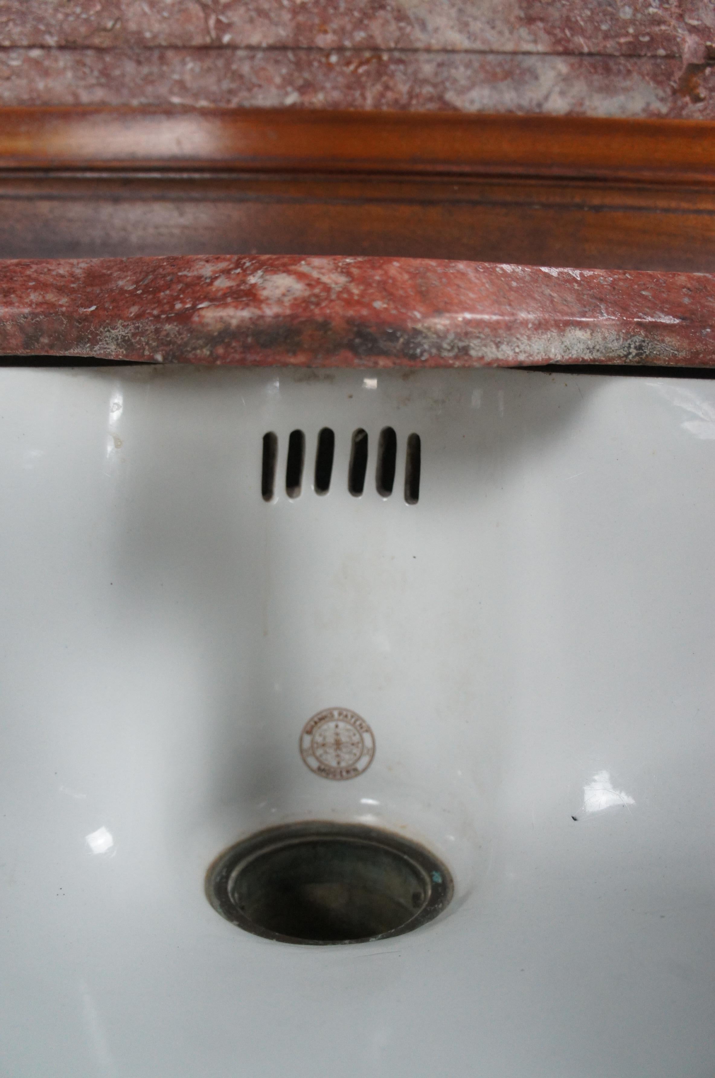 Rare Antique French Victorian Mahogany Marble Top Bathroom Vanity Porcelain Sink For Sale 8
