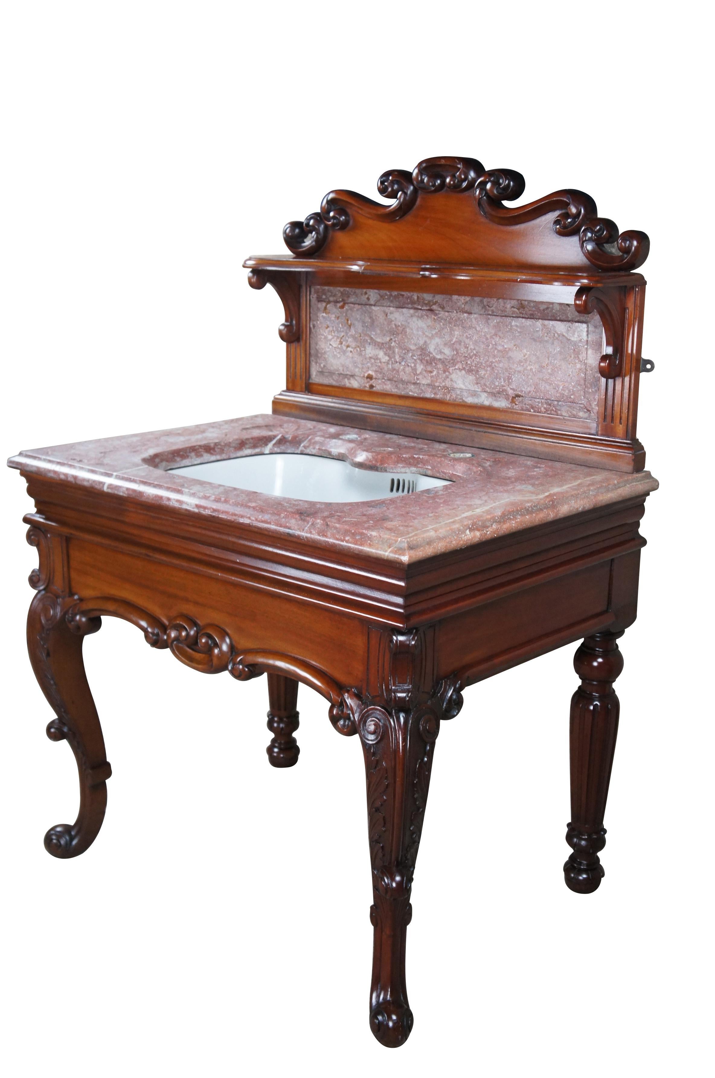 Rare Antique French Victorian Mahogany Marble Top Bathroom Vanity Porcelain Sink In Good Condition For Sale In Dayton, OH