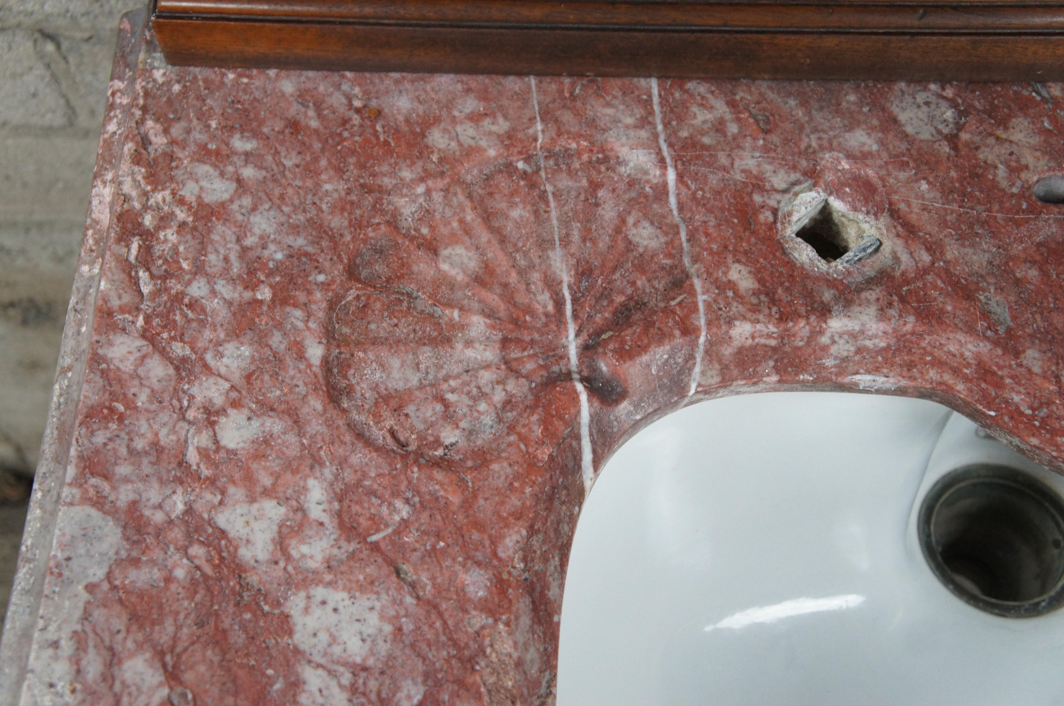 Rare Antique French Victorian Mahogany Marble Top Bathroom Vanity Porcelain Sink For Sale 3