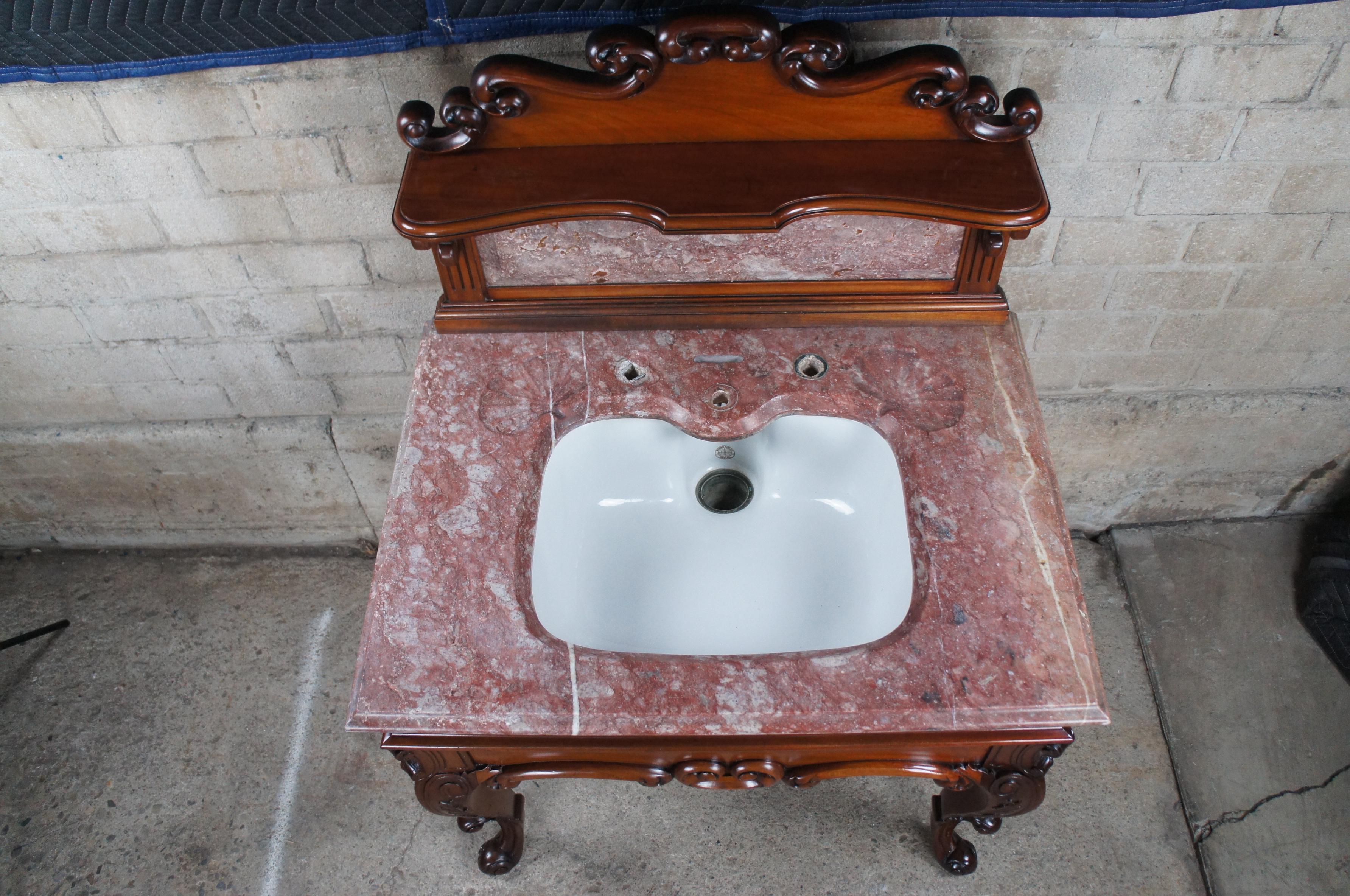 Rare Antique French Victorian Mahogany Marble Top Bathroom Vanity Porcelain Sink For Sale 4