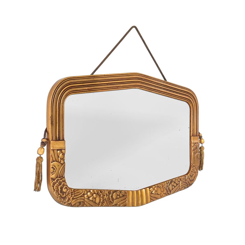 Antique French mirror in gilded wood from the Art Deco period, dated 1935. Original gold leaf patinated decoration with floral motifs and grooves, with gold metal attachment cord and tassels. Antique mirror glass with inscription on the back: MC.