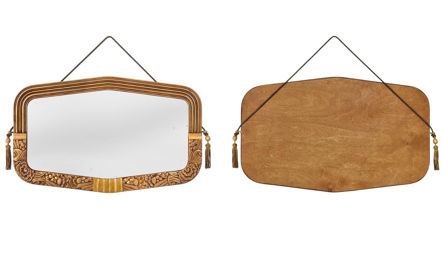 Rare Antique French Wall Mirror From The Art Deco Period In Giltwood, Dated 1935 For Sale 5