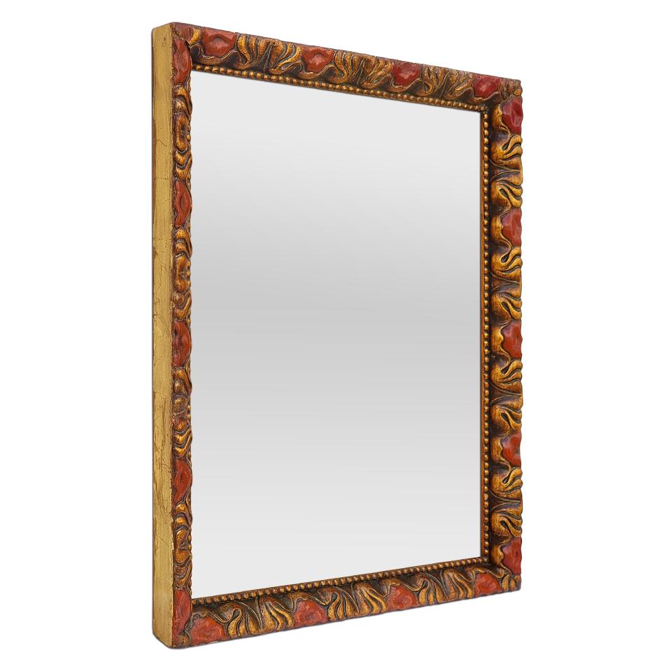Rare French antique mirror in gilded wood and polychrome from the 1930s. Decorated with stylized floral friezes. Alternating patinated red petals and gilded foliage. Garland of pearls around the glass mirror. Original antique copper-red leaf
