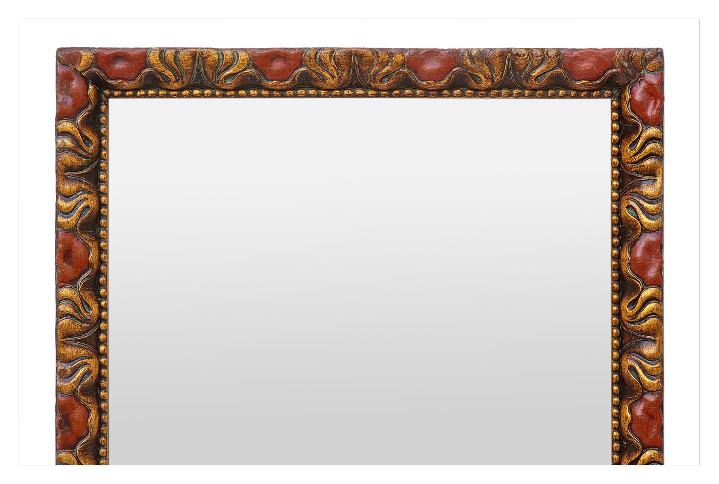 Hand-Painted Rare Antique French Wall Mirror, Giltwood & Red Polychrome, circa 1930 For Sale