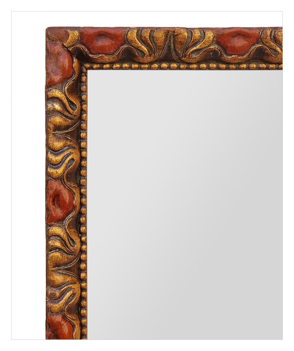 Rare Antique French Wall Mirror, Giltwood & Red Polychrome, circa 1930 In Good Condition For Sale In Paris, FR