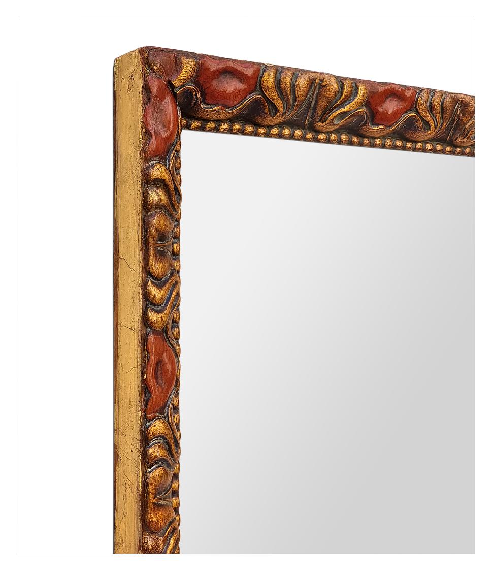 Mid-20th Century Rare Antique French Wall Mirror, Giltwood & Red Polychrome, circa 1930 For Sale