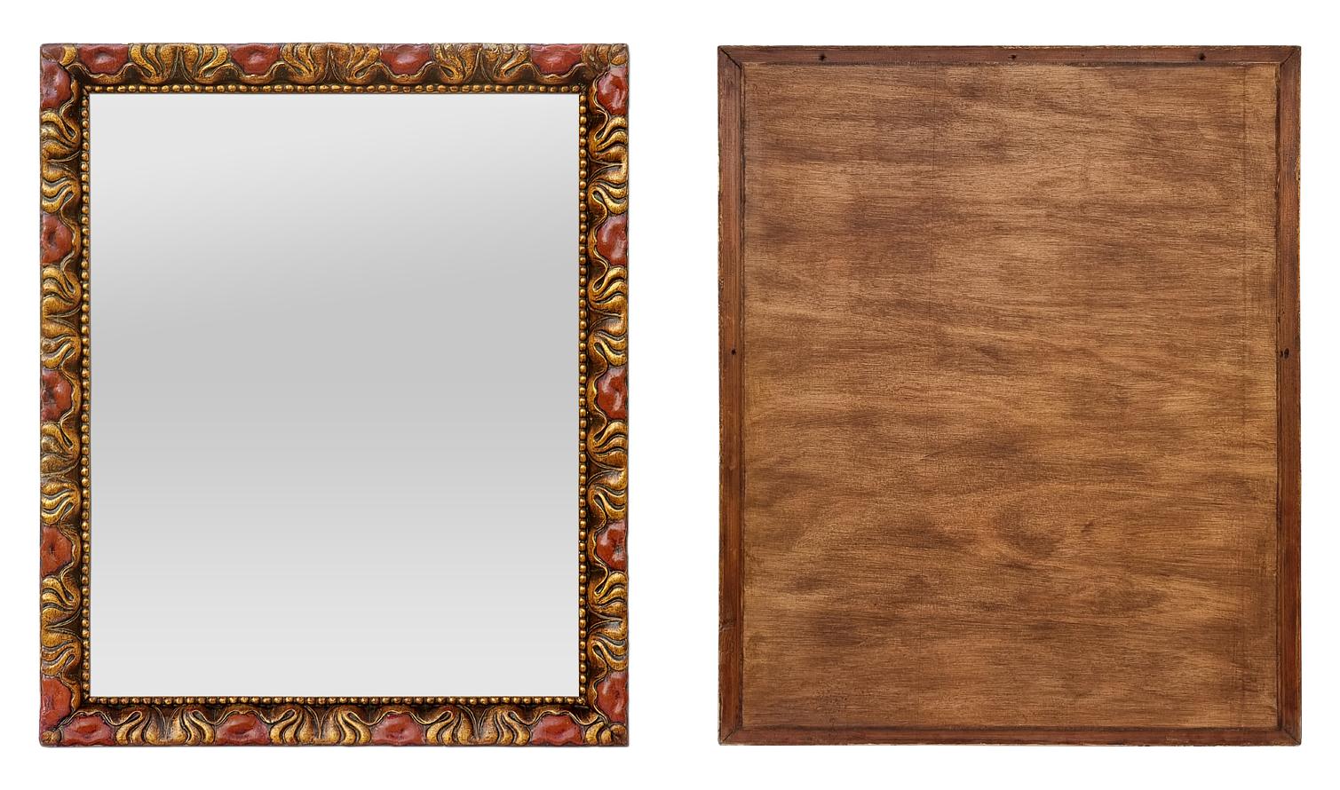Rare Antique French Wall Mirror, Giltwood & Red Polychrome, circa 1930 For Sale 3