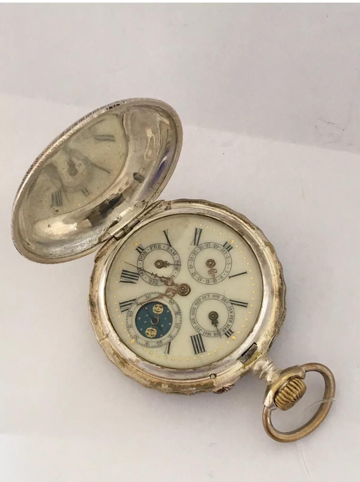Rare, Antique Full Hunter Silver Moonphase Calendar Pocket Watch 3