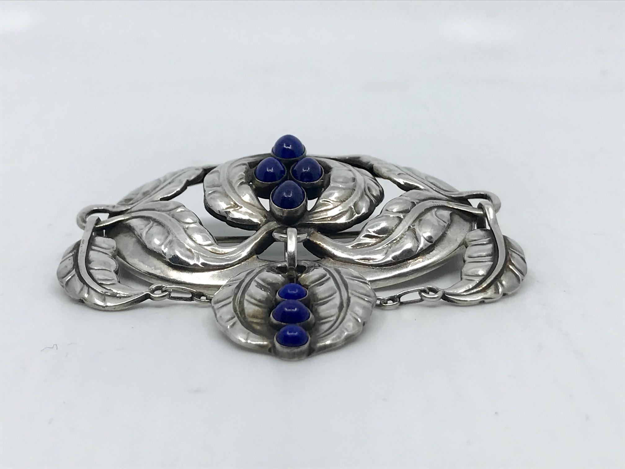 Art Nouveau Rare Antique Georg Jensen Brooch #26 Lapis Lazuli For Sale
