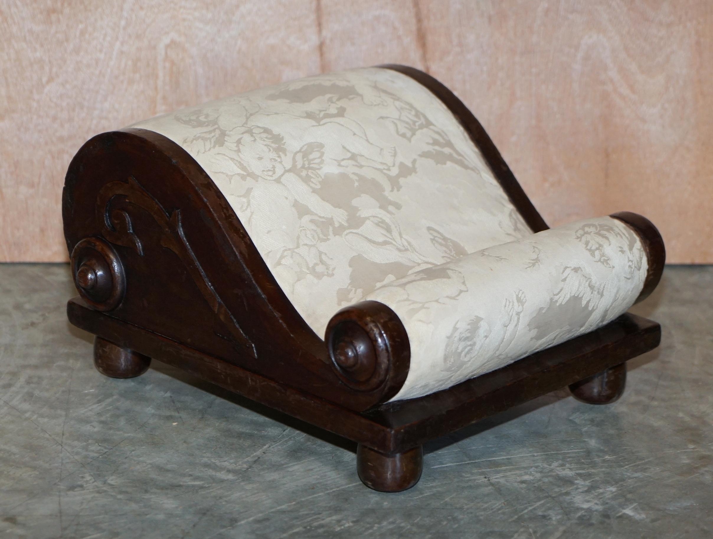 English Rare Antique Georgian circa 1800 Footstool with Angel Cherub Upholstery Fabric For Sale