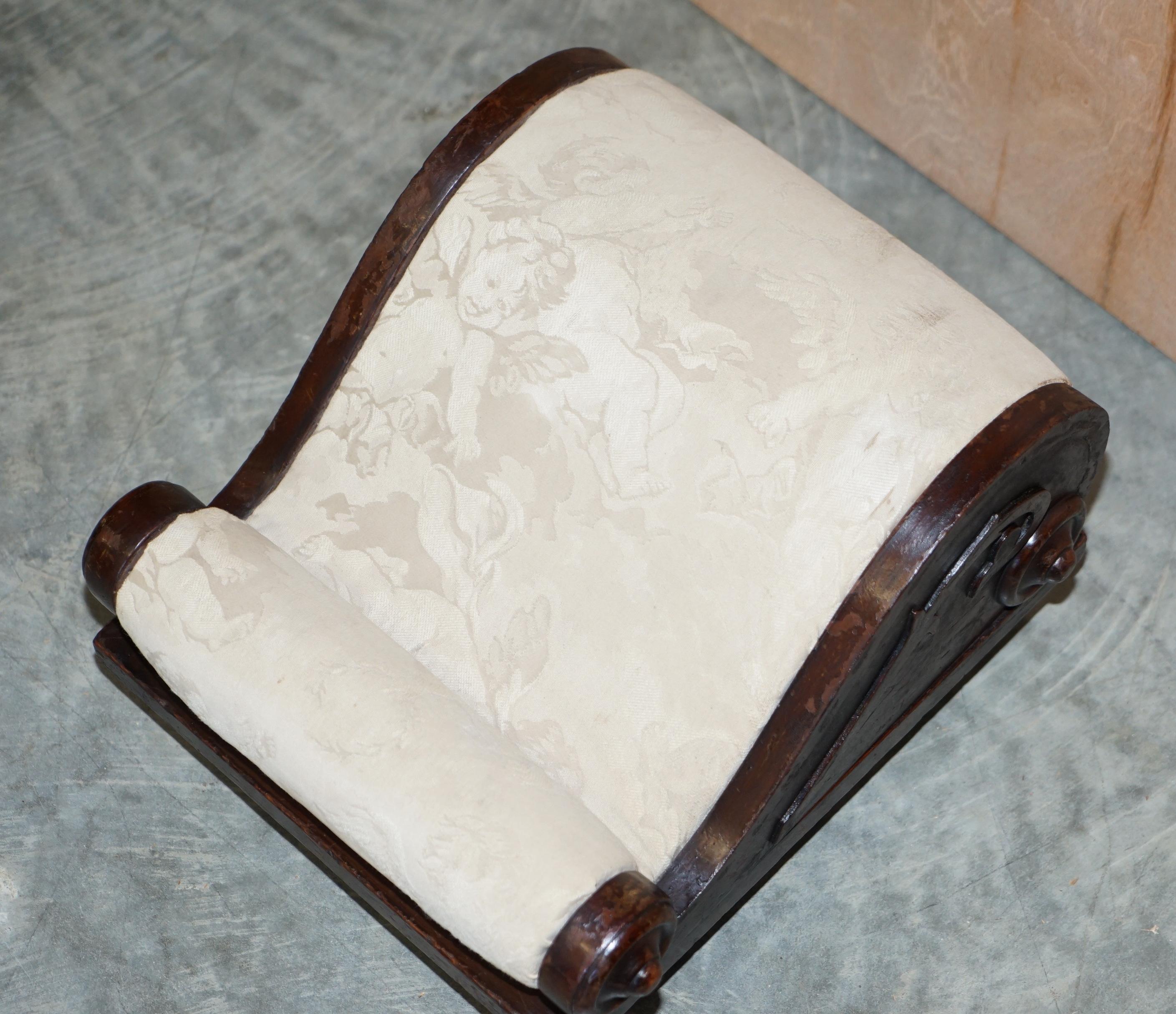 Early 19th Century Rare Antique Georgian circa 1800 Footstool with Angel Cherub Upholstery Fabric For Sale