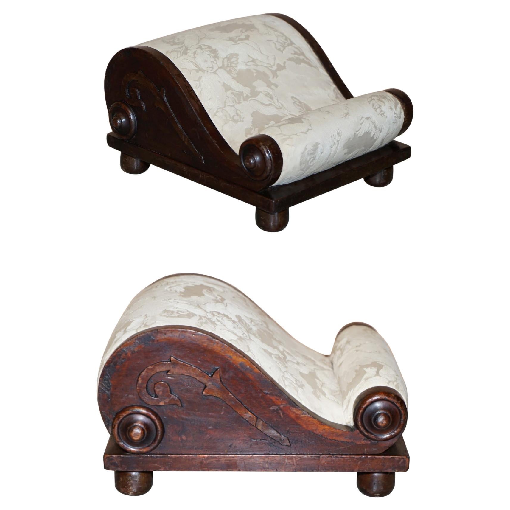 Rare Antique Georgian circa 1800 Footstool with Angel Cherub Upholstery Fabric For Sale