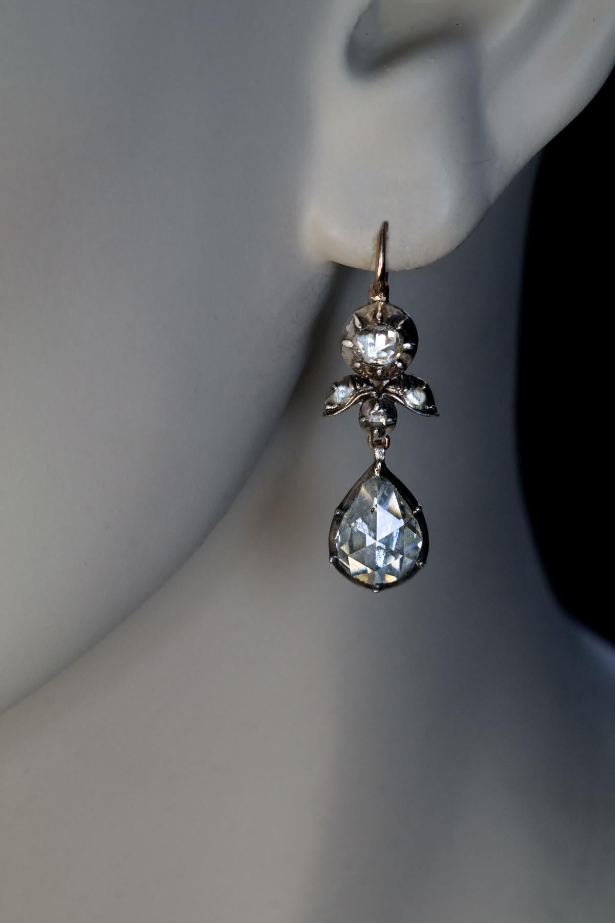 Rare Antique Georgian Era Rose Cut Diamond Earrings In Excellent Condition In Chicago, IL