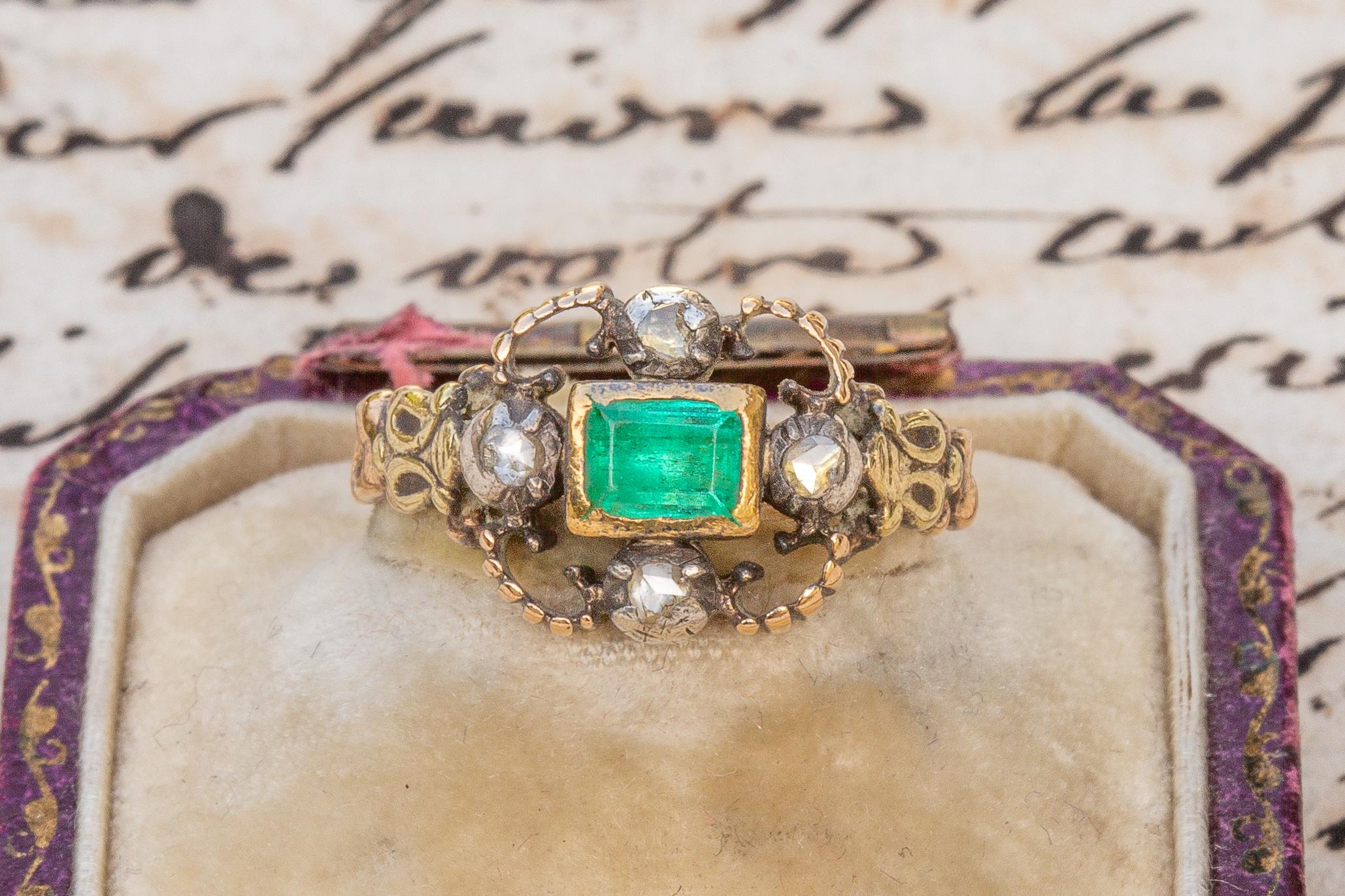 Rare Antique Georgian Late 18th Century Table Cut Emerald and Diamond Ring 5